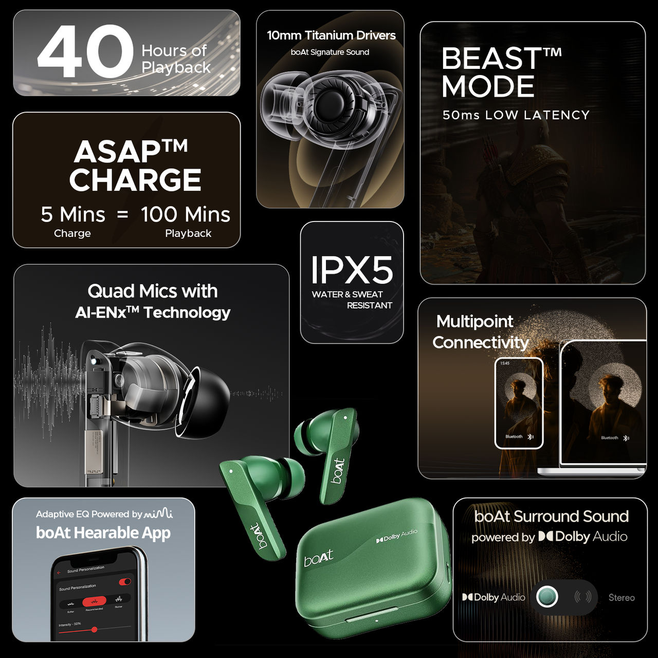 boAt Airdopes 800 TWS Earbuds w/ Dolby Audio, High Fidelity Drivers, 4 Mics ENx Tech & Hearables App(Interstellar Black)