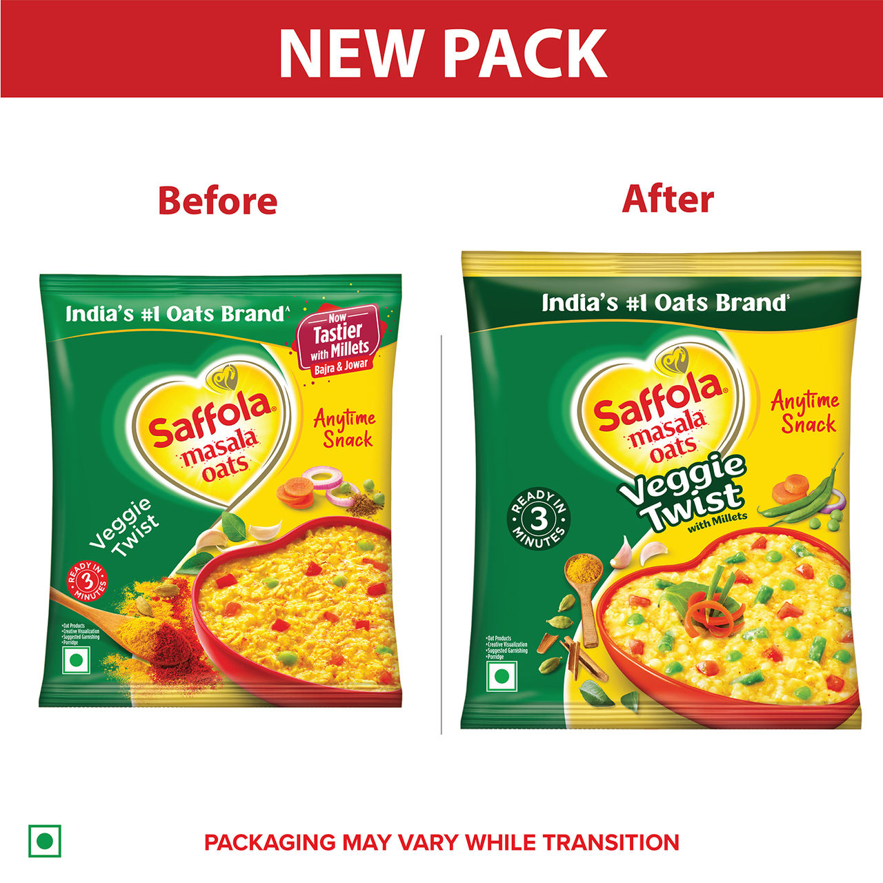Saffola Masala Oats | Veggie Twist | Anytime Snack | Ready in 3 mins | Millets Goodness 38 g Combo