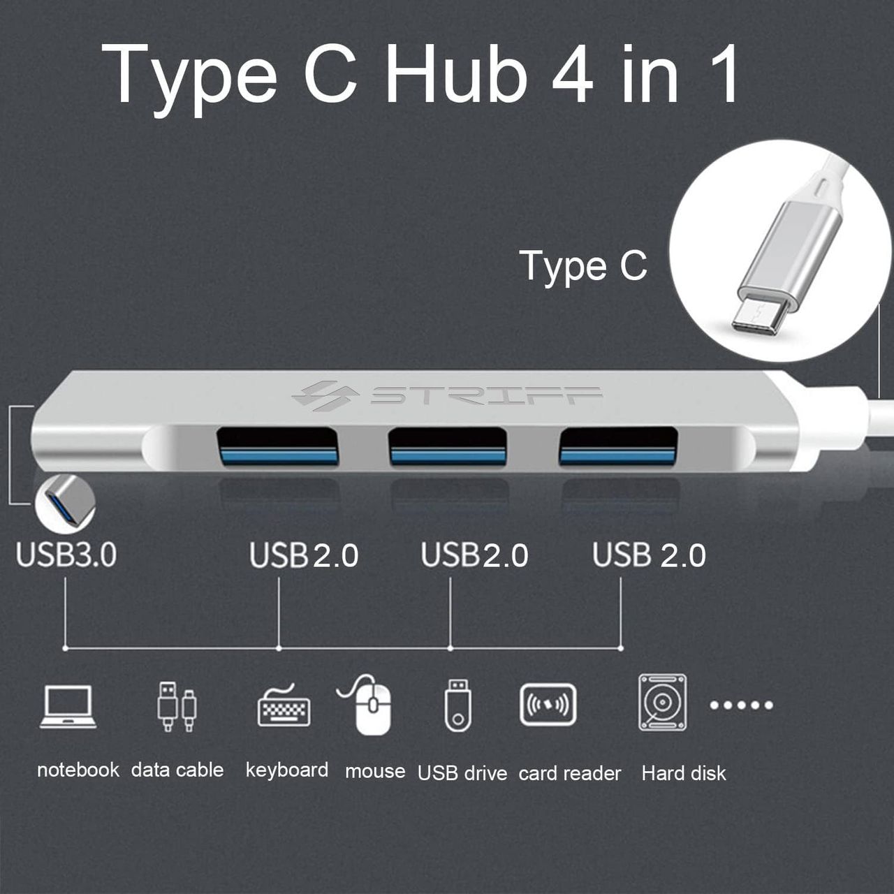Striff 4-in-1 USB Type-C Hub, Multiport Adapter, USB-C to USB Connector - Silver