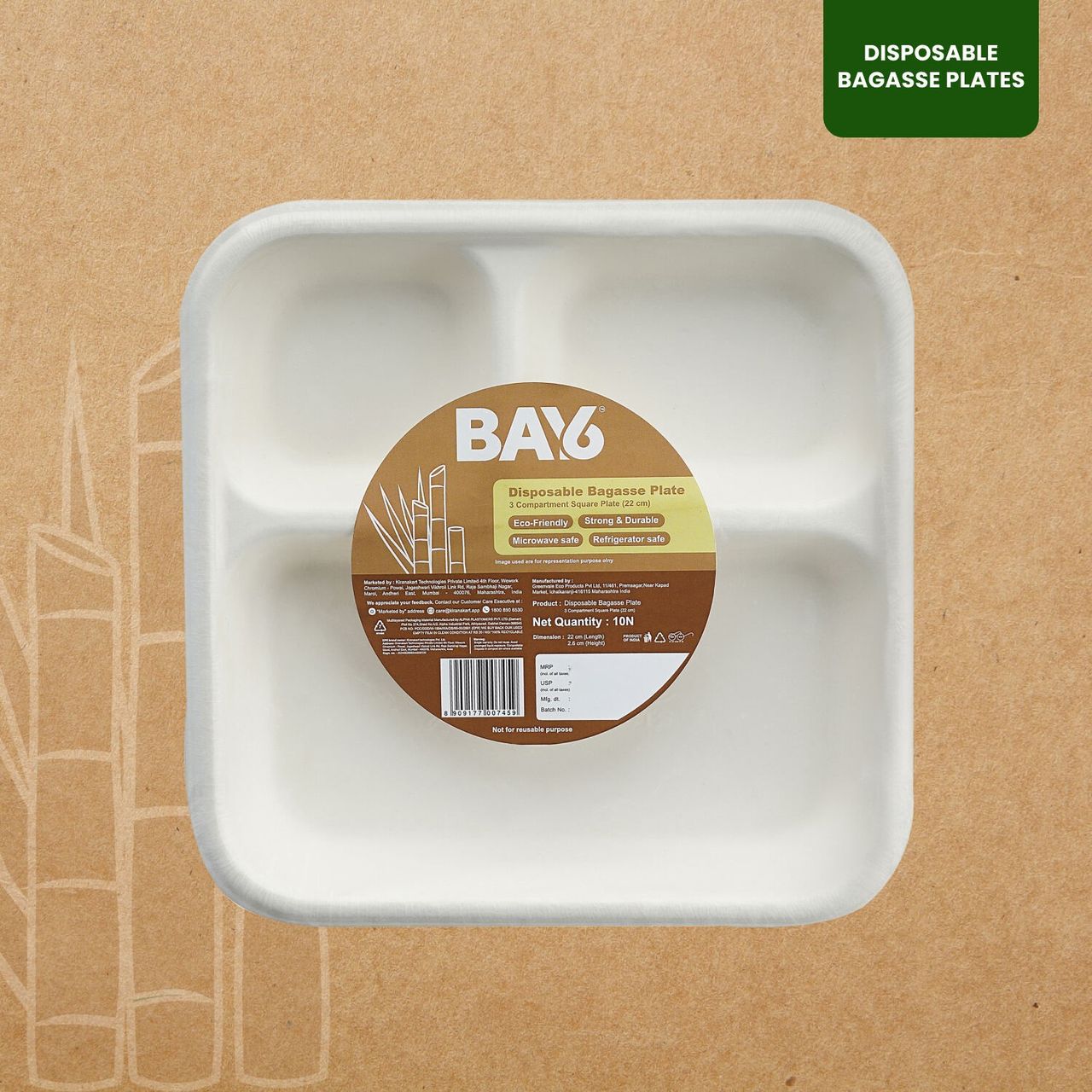 BAY6 Square Plate 3 Compartment - 9 Inch - Pack Of 10