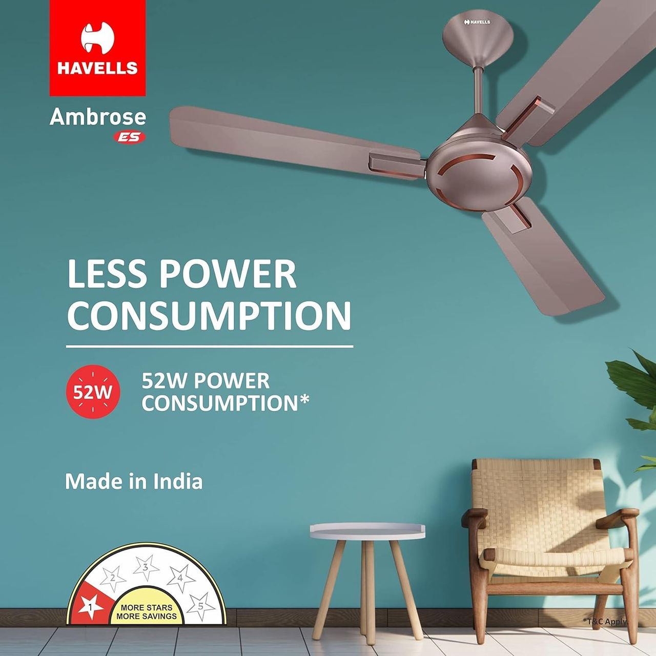 Havells Ambrose ES Ceiling Fan, 1200mm, Energy Saving, 100% Pure Copper Motor ,Cola Espresso Brown