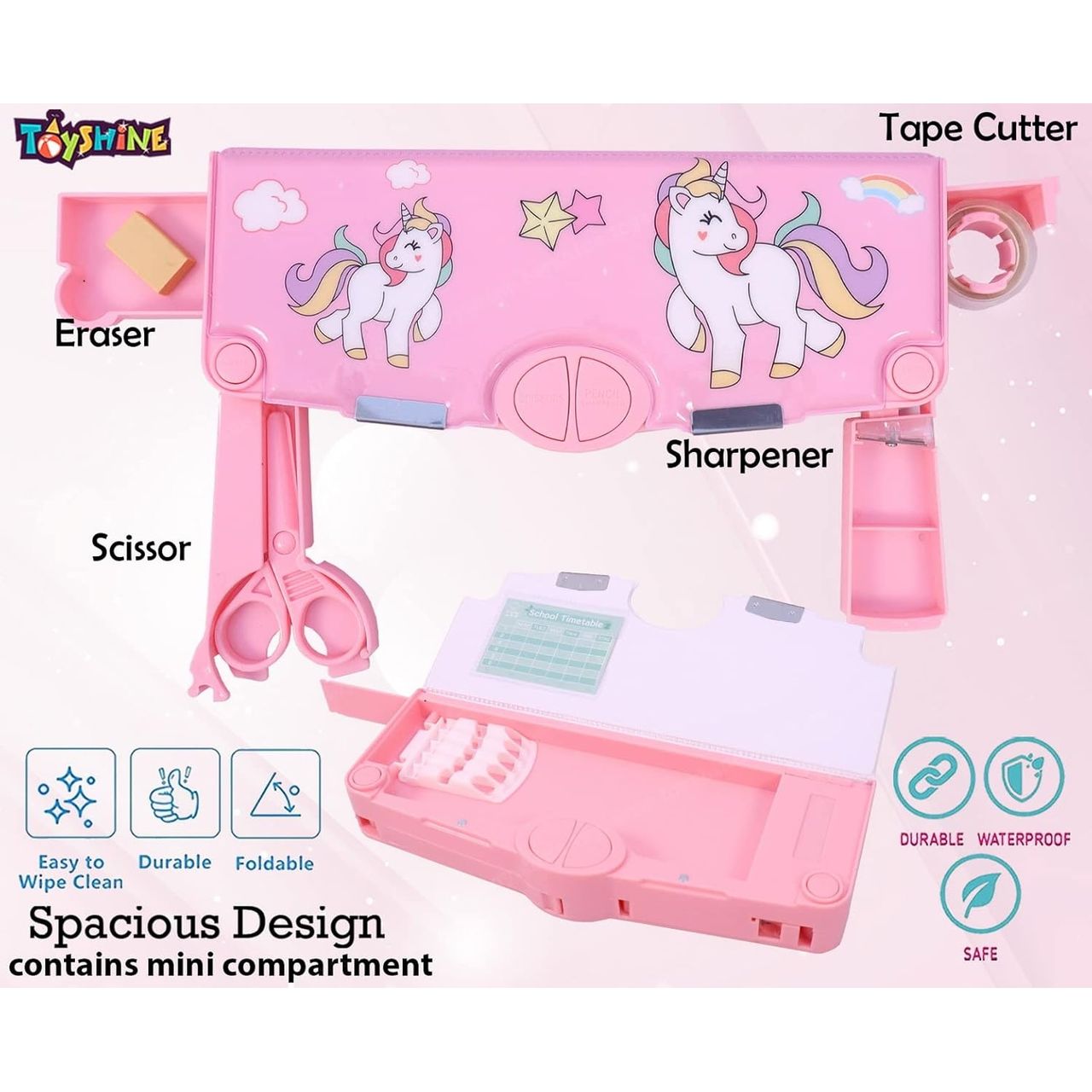 Toyshine Button Enabled Double Compartment Pencil Box - Storages - Sharpner For Kids - Unicorn Pink