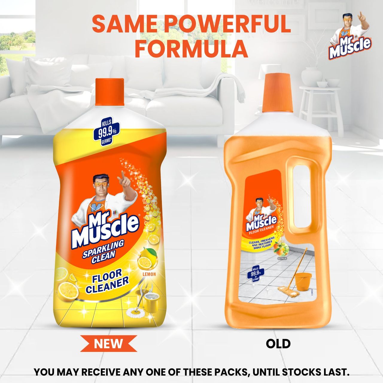 Mr Muscle Sparkling Floor Cleaner Liquid Lemon Citrus, Kills 99.9% Germs 1 l Combo
