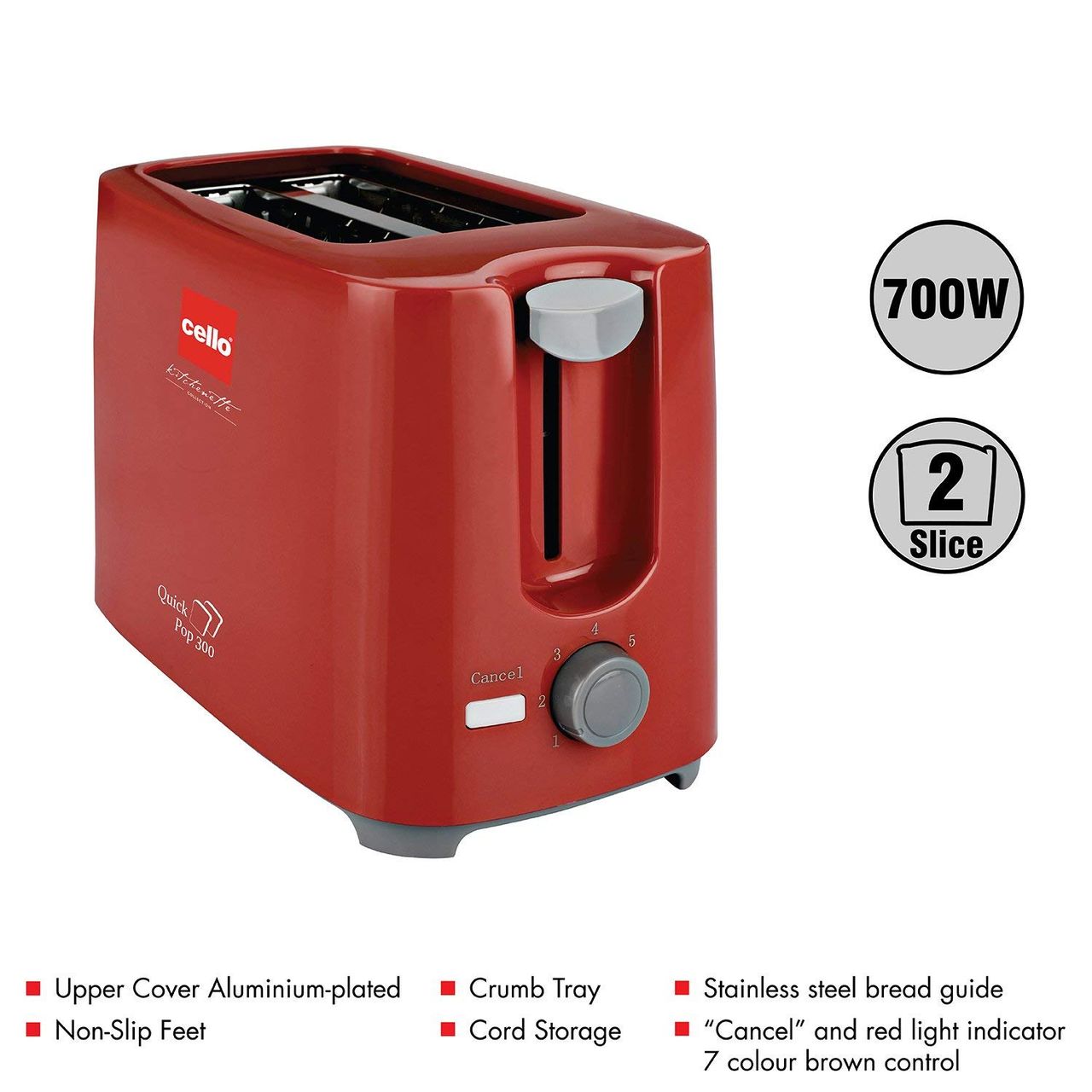 Cello Quick 2 Slice Pop Up 300 Toaster (Red) 700 Watts