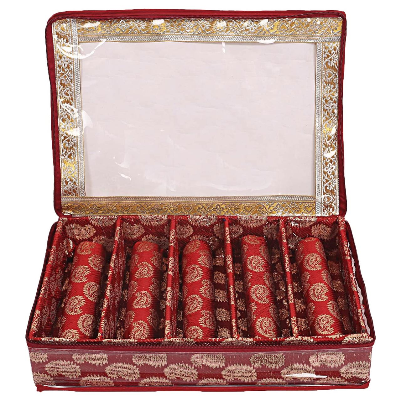 Kuber Industries Multipurpose Teardrop Pattern 5 Rod Bangle Box with Transparent Top (Red)