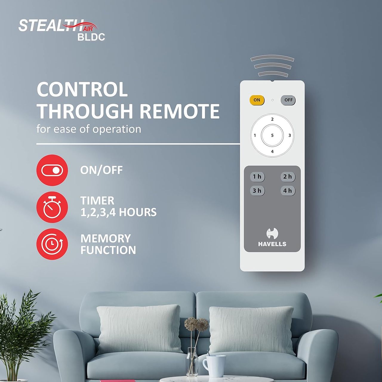 Havells Stealth Air BLDC Motor Ceiling Fan,1200mm,Remote Control,100% Copper Motor,Indigo Blue