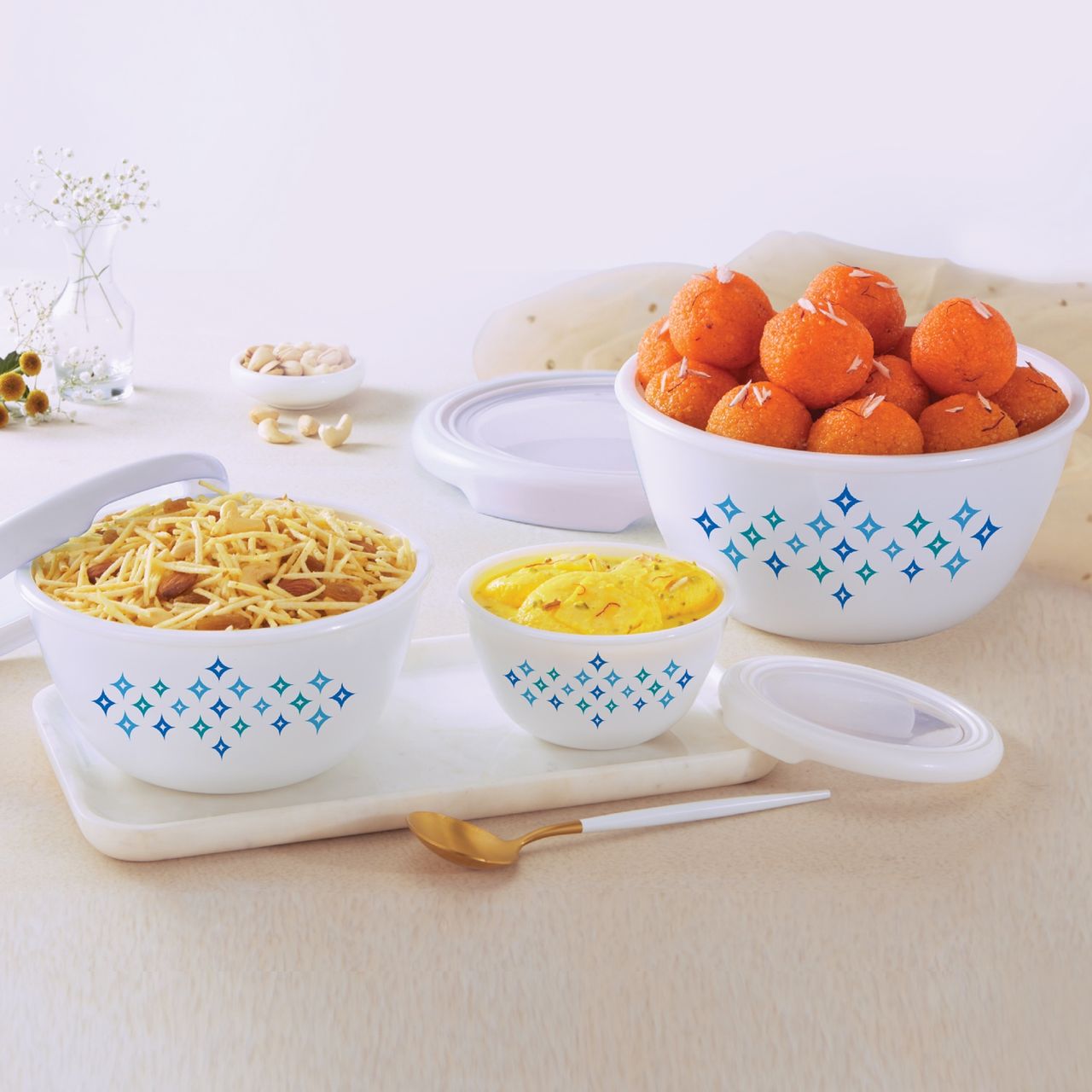 Cello Opalware Royale Black Curve Mixing Bowl Set with Lid (500ml, 1000ml,1500ml)
