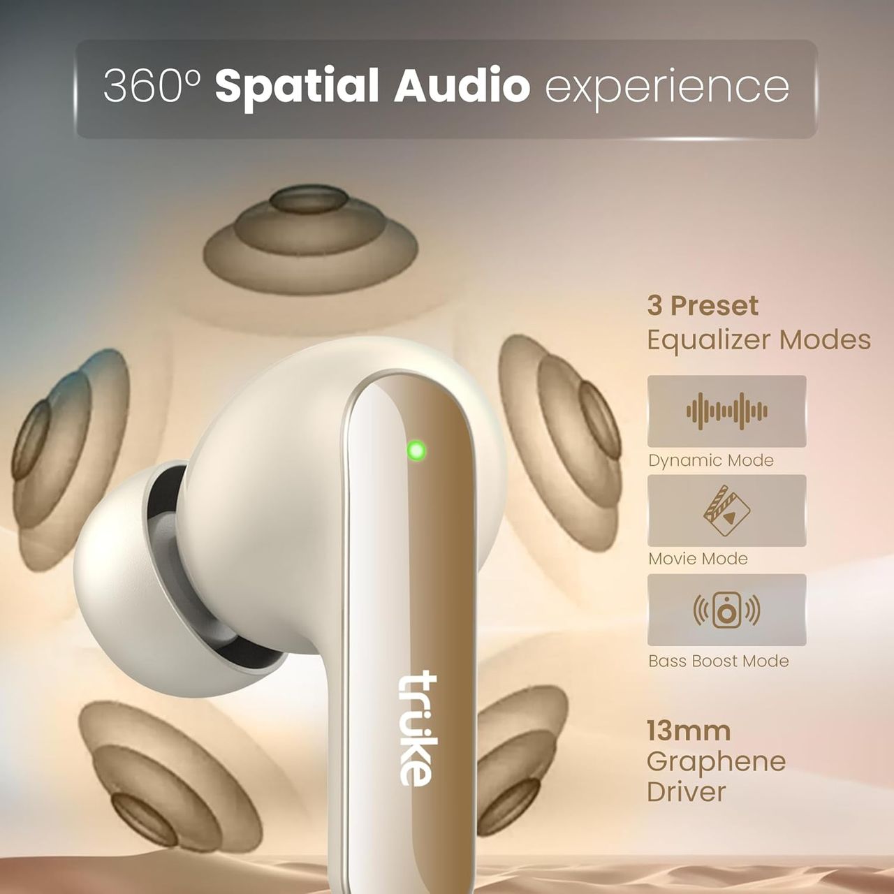 Truke Buds F1 Ultra With 60 Hours Playtime | Spatial Audio | 13mm Drivers | Multi-modes - Champagne Gold