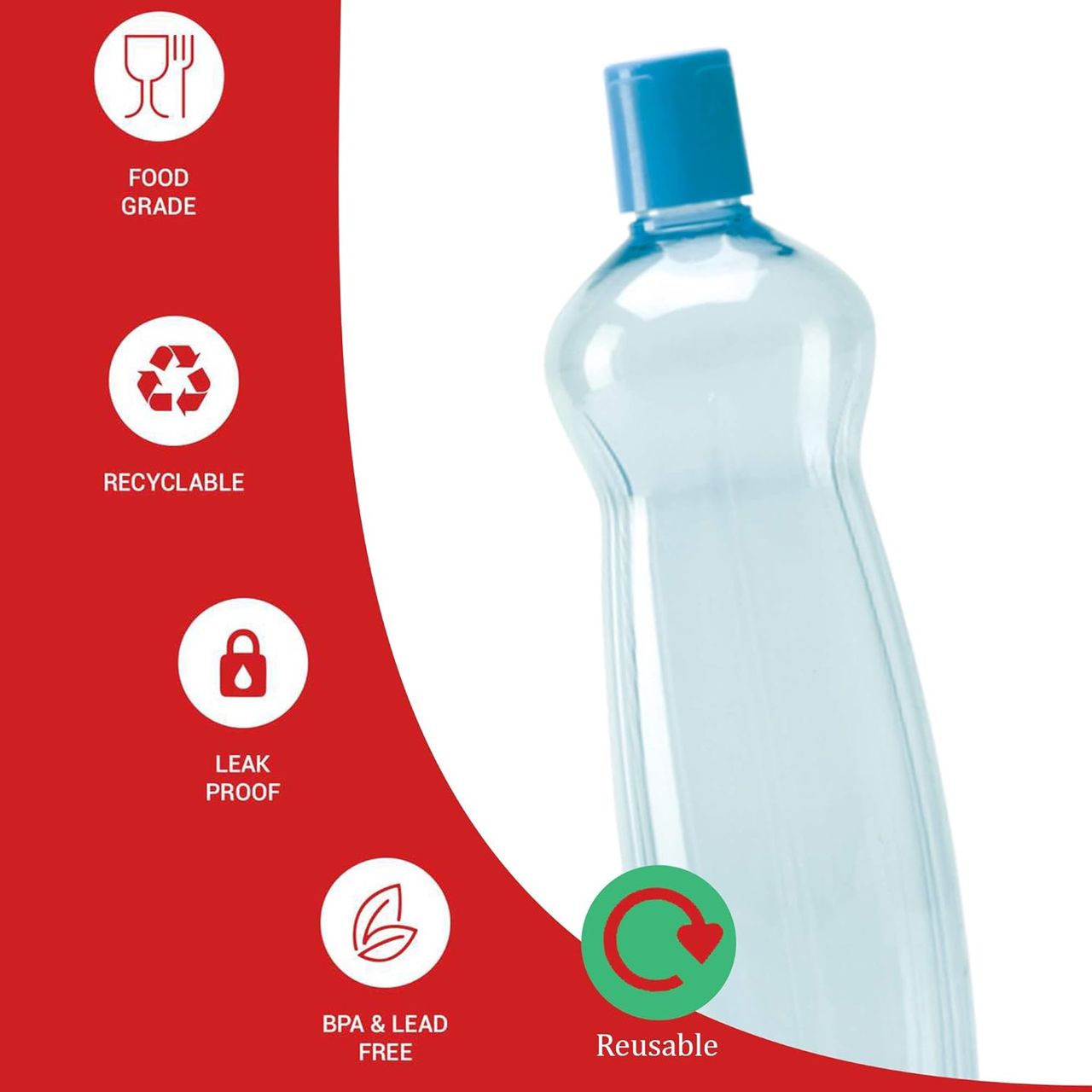 Milton Pacific Pack Of 6 Water Bottles | 1 Litre Each | Reusable Plastic Fridge Bottle Set |Blue