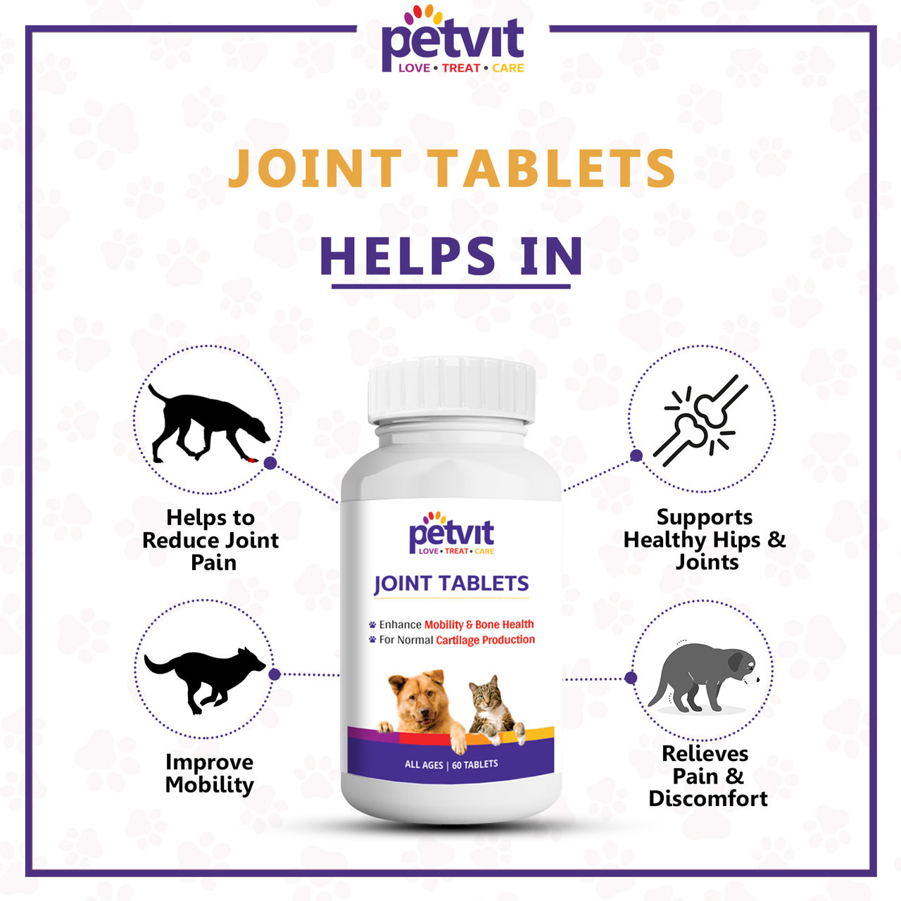 Petvit Joint-Cartilage Supplement For Dogs And Cats - 60 Chewable Tablets