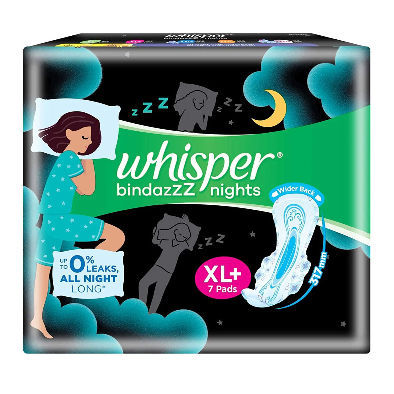 Whisper Bindazzz Nights 44 XXL Sanitary Pads, Upto 0% Leaks All Night Long 7 pc Combo