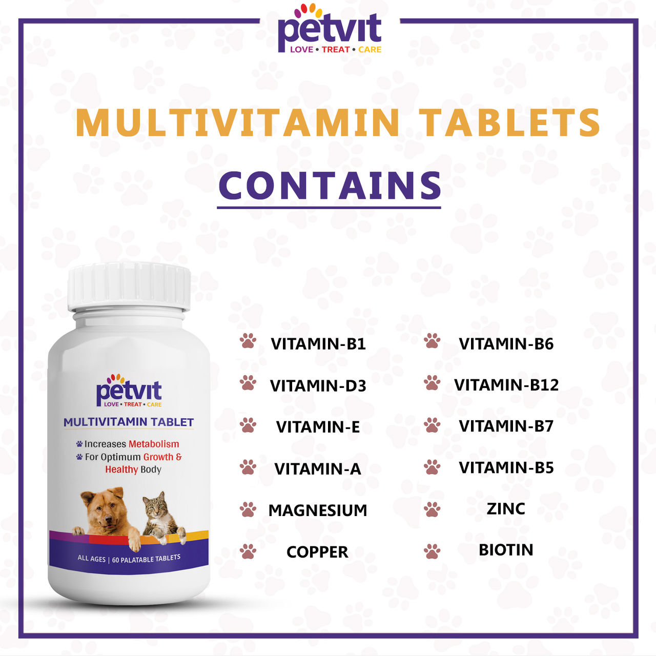 Petvit Multivitamin & Multimineral For Dogs & Cats - 60 Chewable Tablets