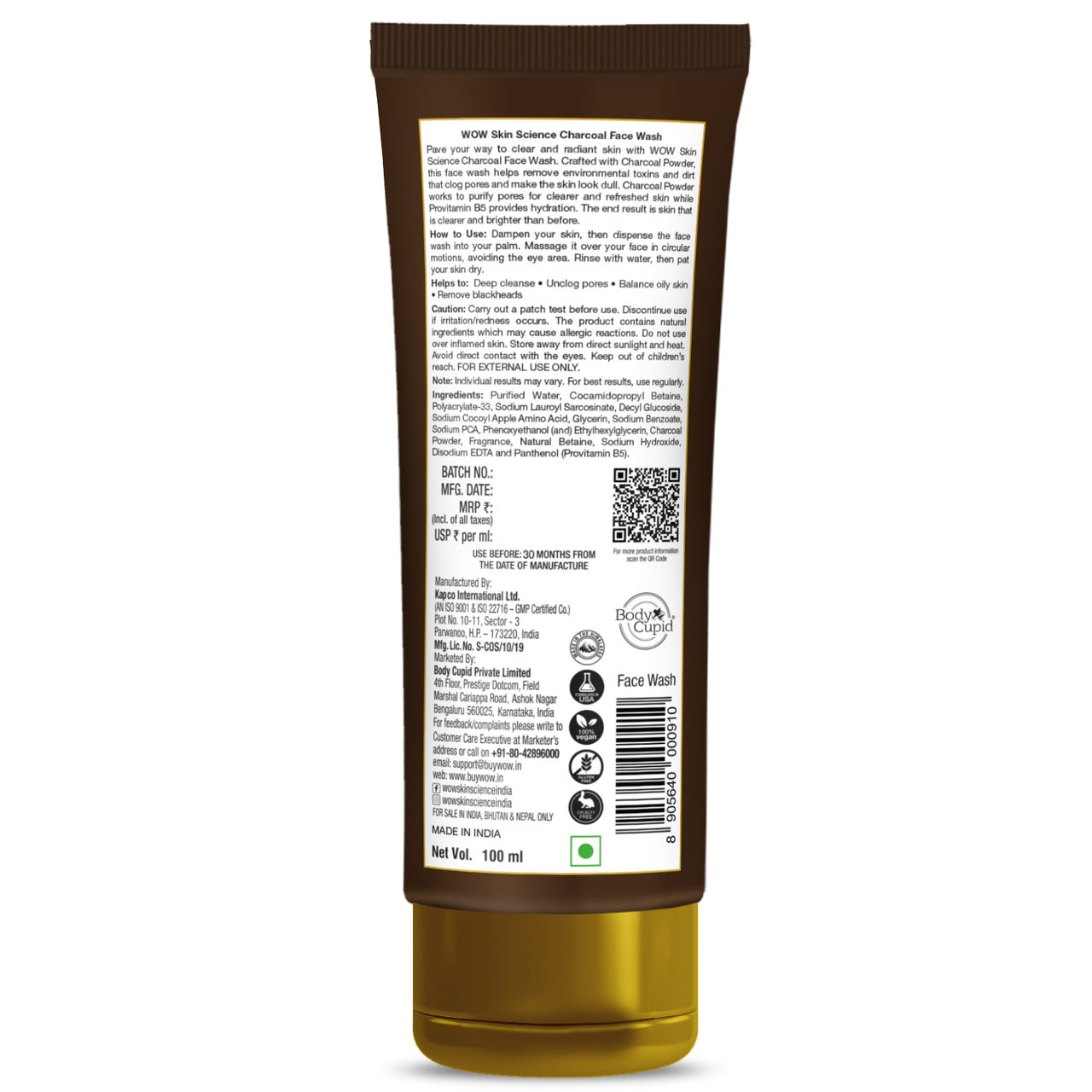 WOW Skin Science Charcoal Face Wash Detoxifies Skin Unclogs Pores Lifts of Pollutants & Dirt