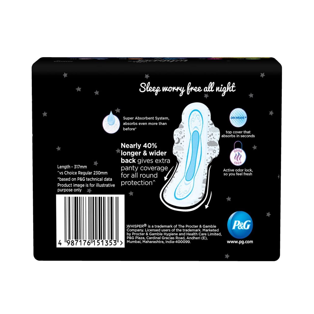 Whisper Bindazzz Nights 44 XXL Sanitary Pads, Upto 0% Leaks All Night Long 7 pc Combo