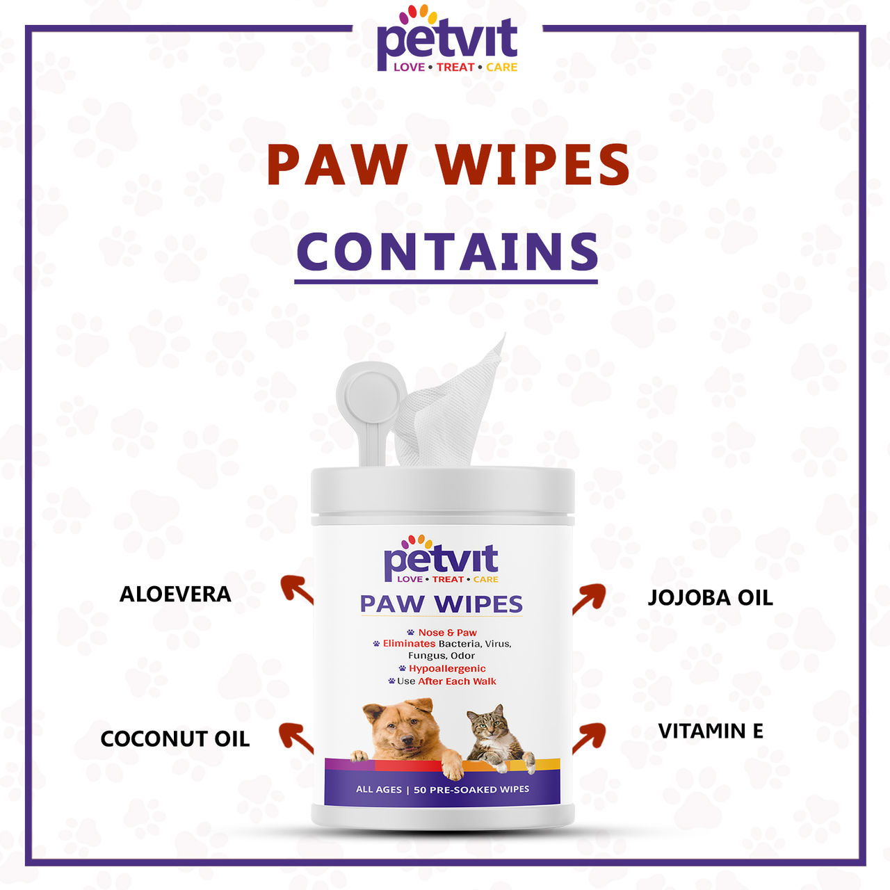Petvit Nose And Paw Wipes For Eliminates Bacteria| Fragrance Less 50 Wipes