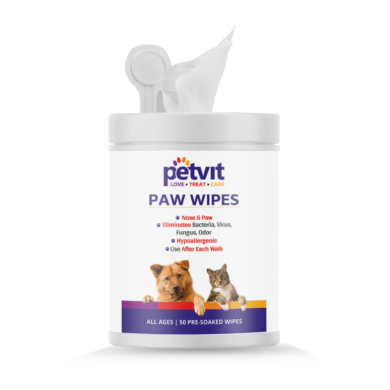 Petvit Nose And Paw Wipes For Eliminates Bacteria| Fragrance Less 50 Wipes