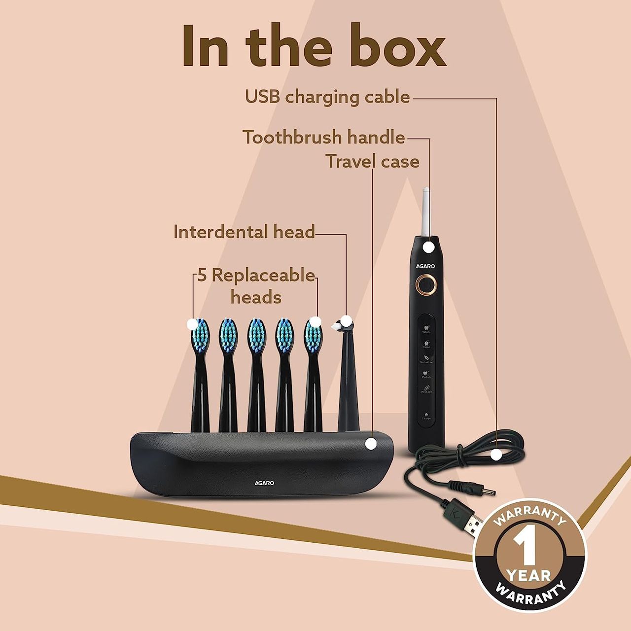 Agaro Cosmic Plus Sonic Electric Tooth Brush For Adults With 5 Modes (Black) 1 pc Combo
