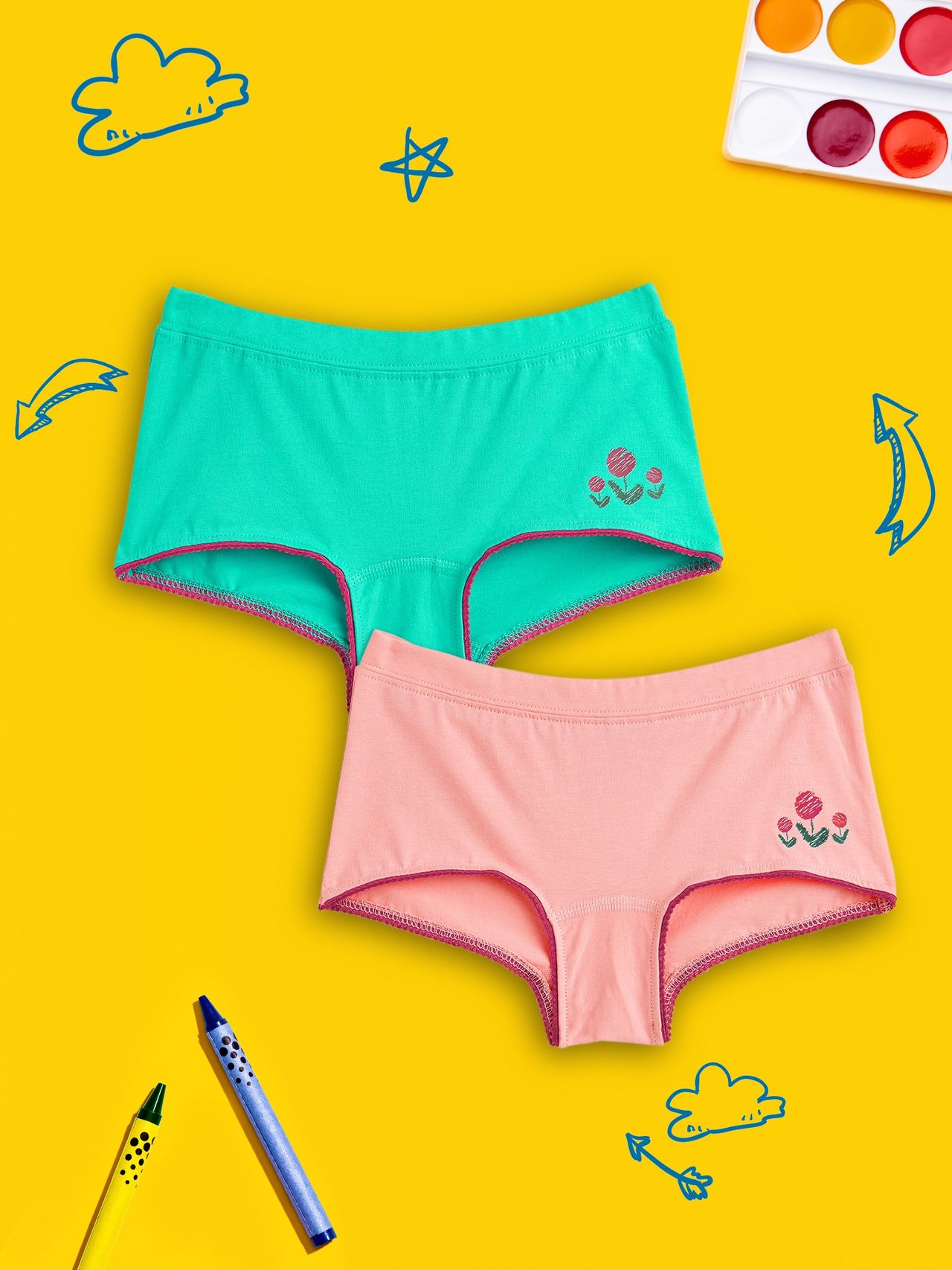 XY Life Scribbles Flowery Intellisoft Tencel Boyshorts PO2 - Aqua Green+Frost Pink | 7-8Y| 2 Pack