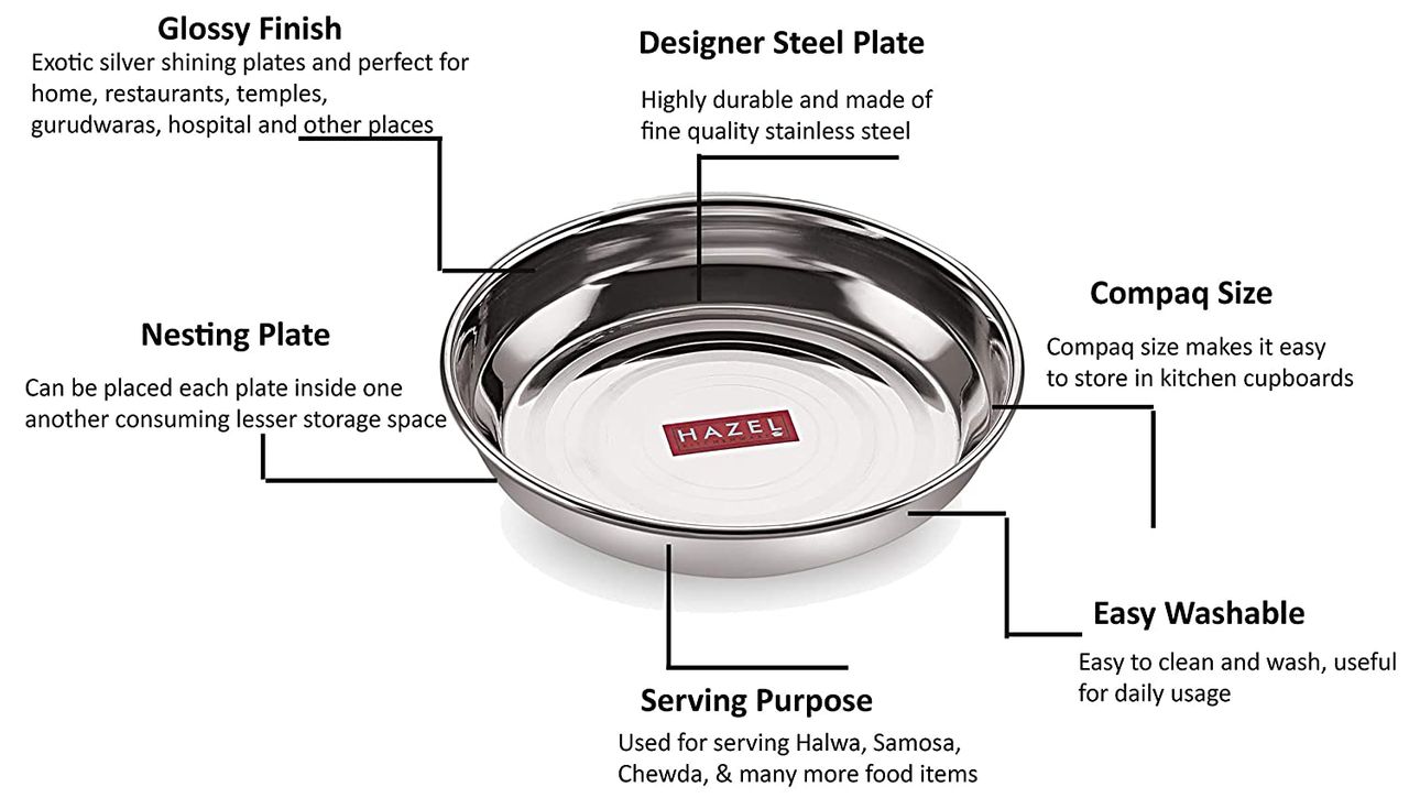 Hazel Steel Plate Set, 12 Cm | Multipurpose Stainless Plates, Set Of 6 For Kitchen