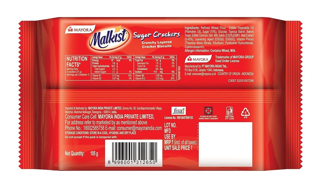 Malkist Sugar Cracker Biscuits Sweet Plain Crackers | Trans Fat-free