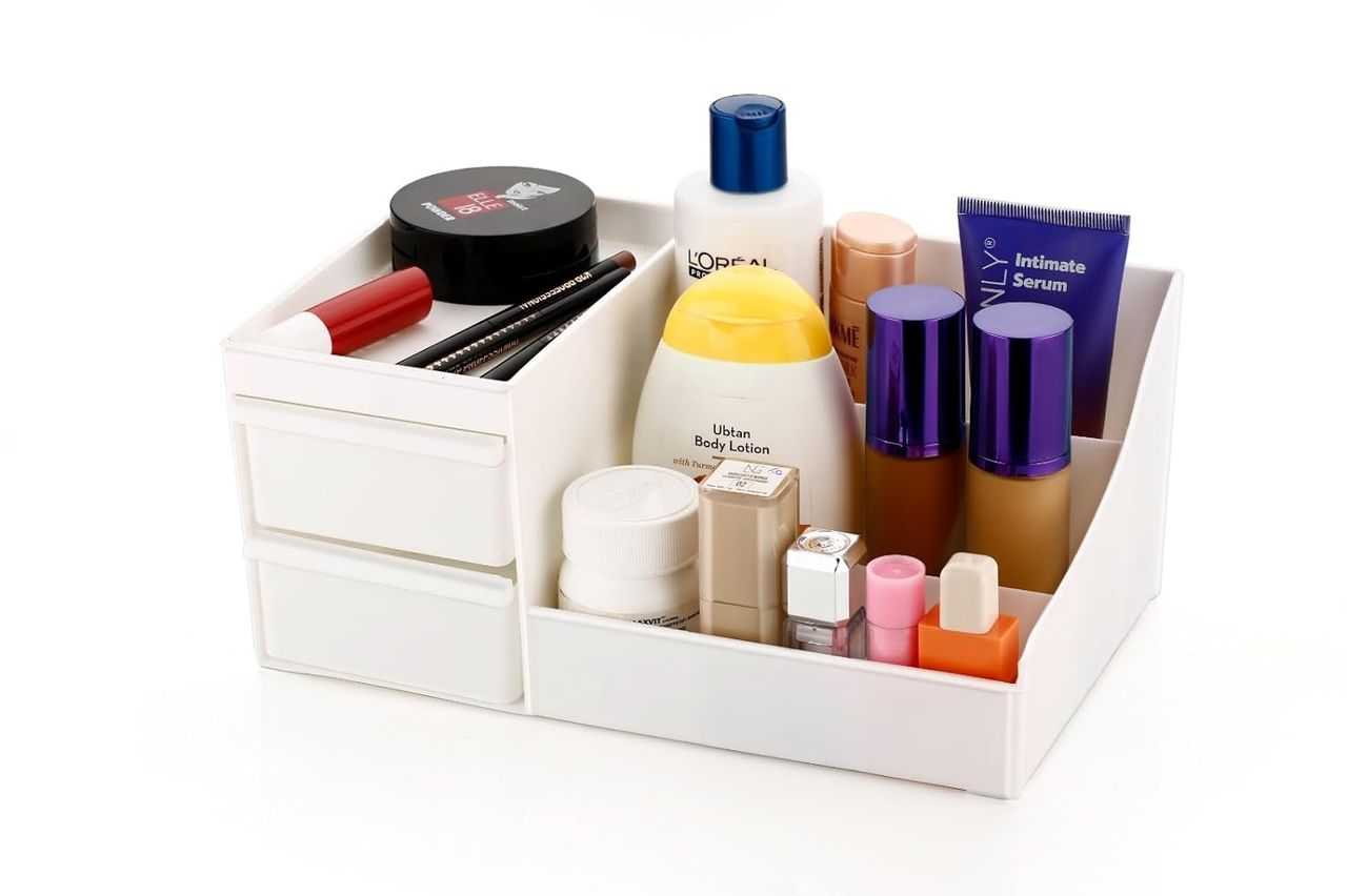 Clazkit Versatile Cosmetic Organizer Box with Drawers and Vanity Brush Holder