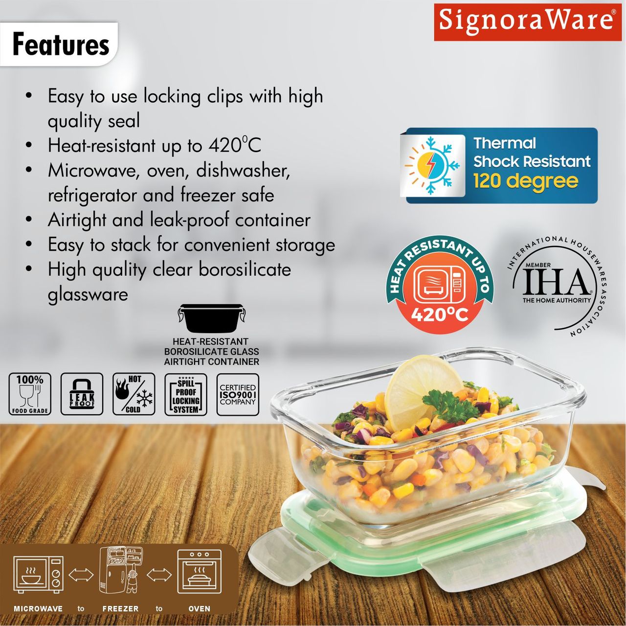 SignoraWare Lock 'N' Store Borosilicate Glass Container Rectangular 370 Ml | 1703 Clear