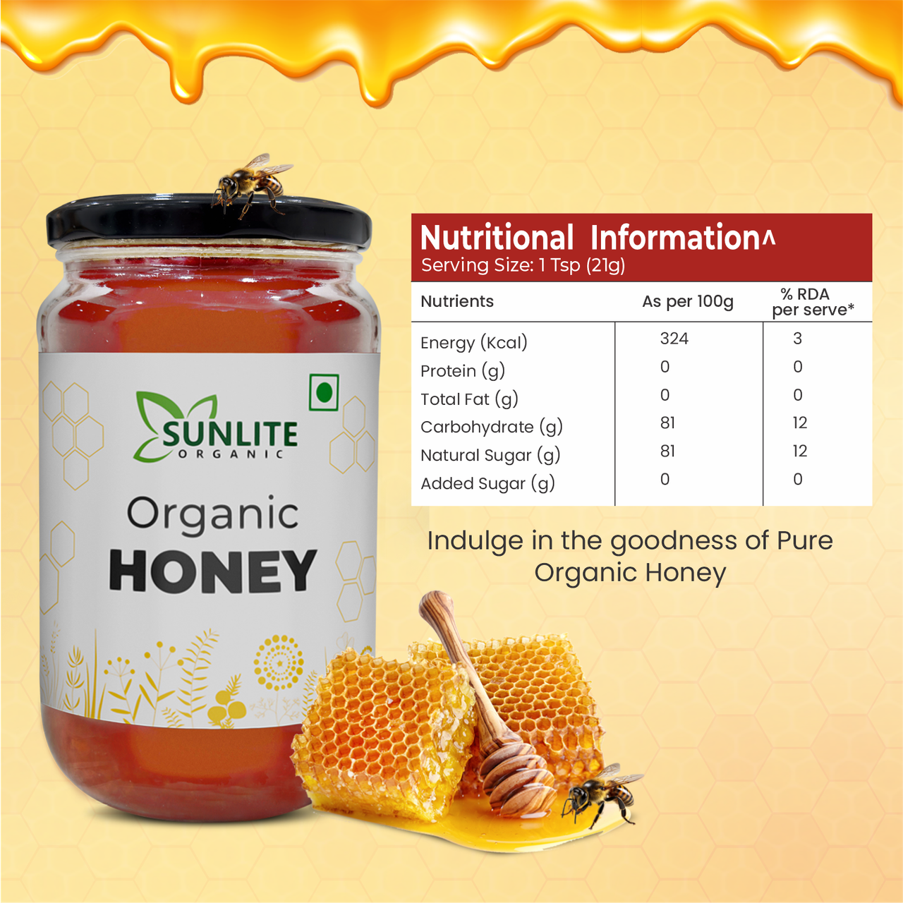Sunlite Organic Honey | Jar | Preservative-free | 500 g