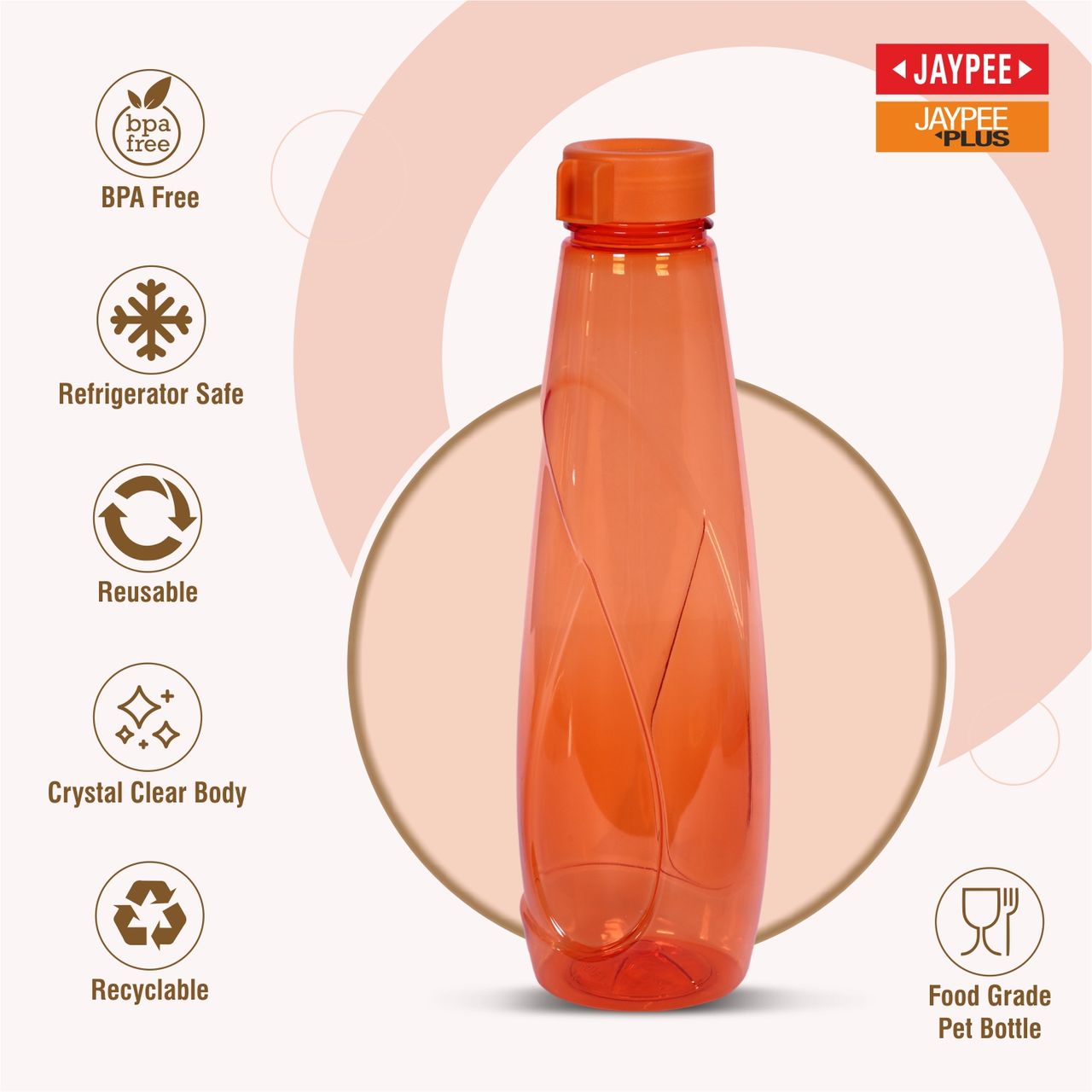 Jaypee Plus Oasis Fridge Plastic Water Bottle Set of 6 | Orange | Capacity 1000 ml Each