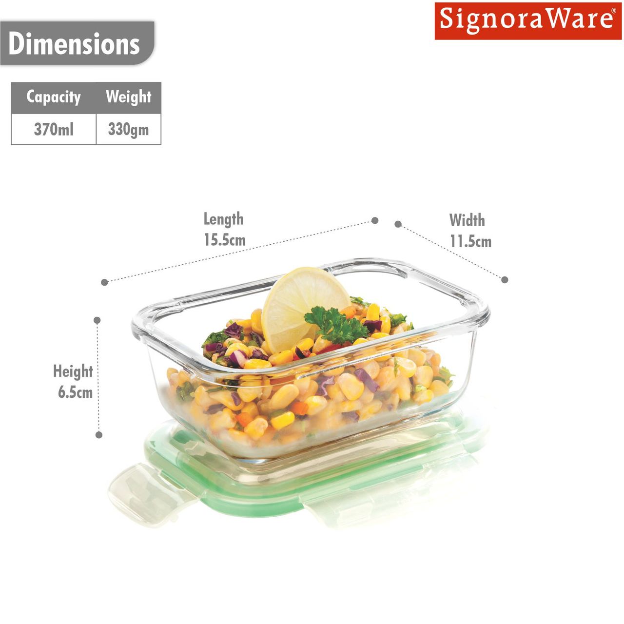 SignoraWare Lock 'N' Store Borosilicate Glass Container Rectangular 370 Ml | 1703 Clear