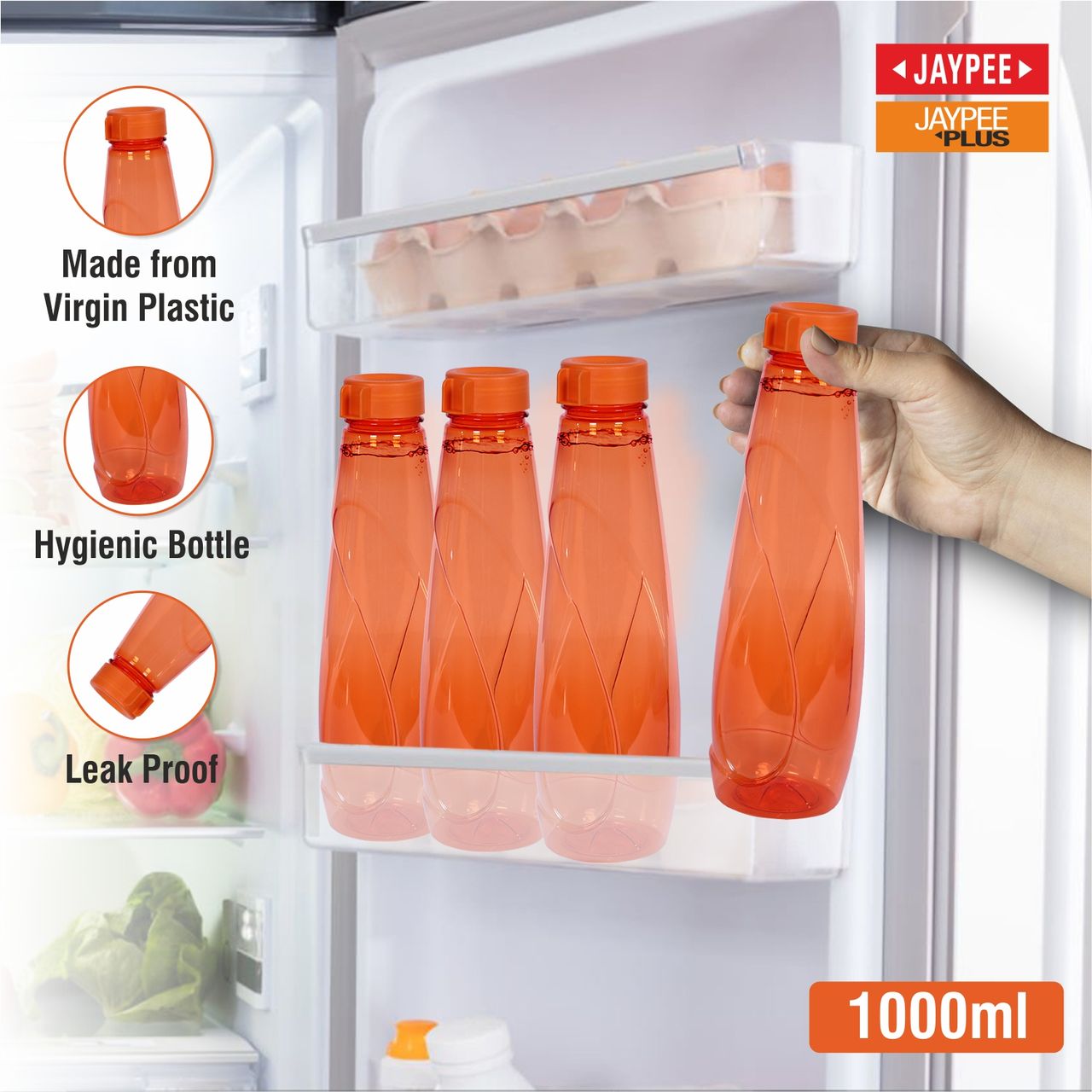 Jaypee Plus Oasis Fridge Plastic Water Bottle Set of 6 | Orange | Capacity 1000 ml Each