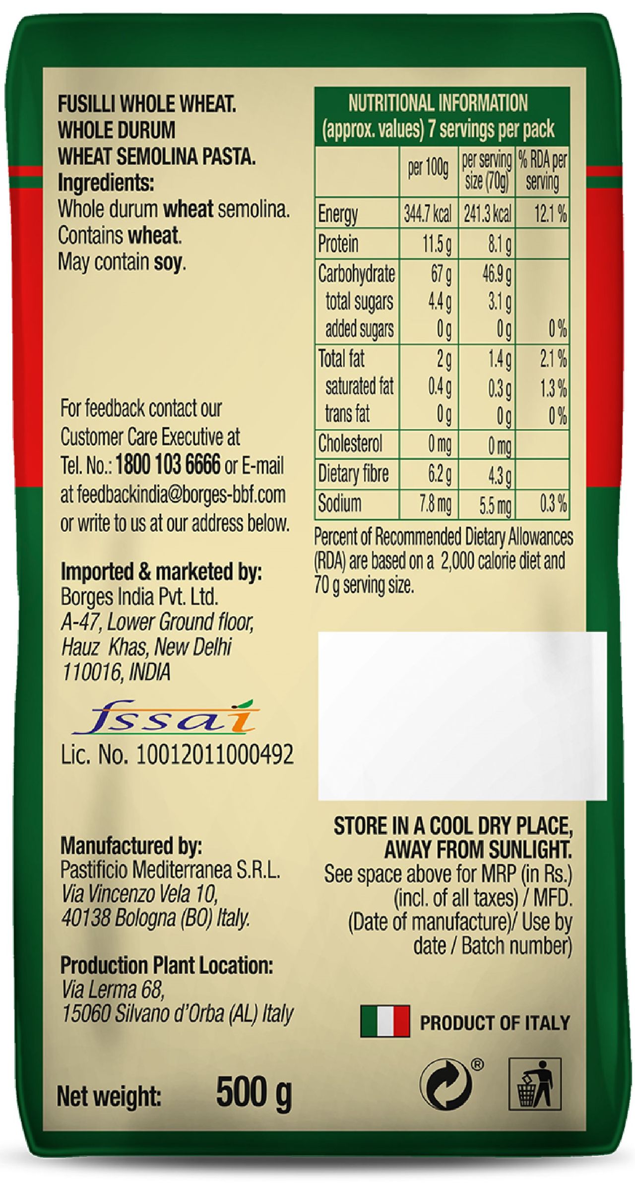 BORGES Whole Durum Wheat Pasta Fusilli