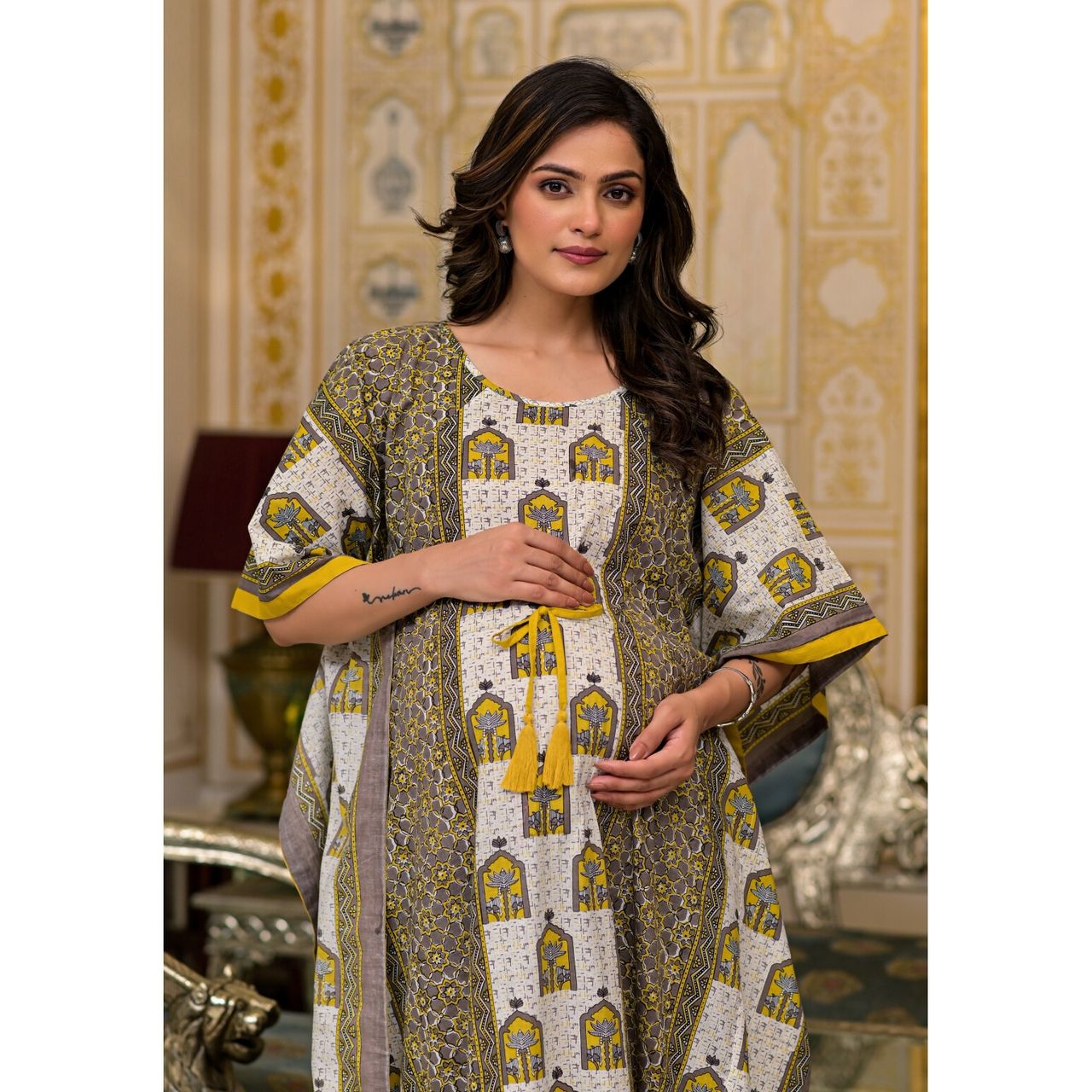 Aujjessa Mustard Taupe Printed Front Zipper Maternity Feeding Kaftan | Free Size