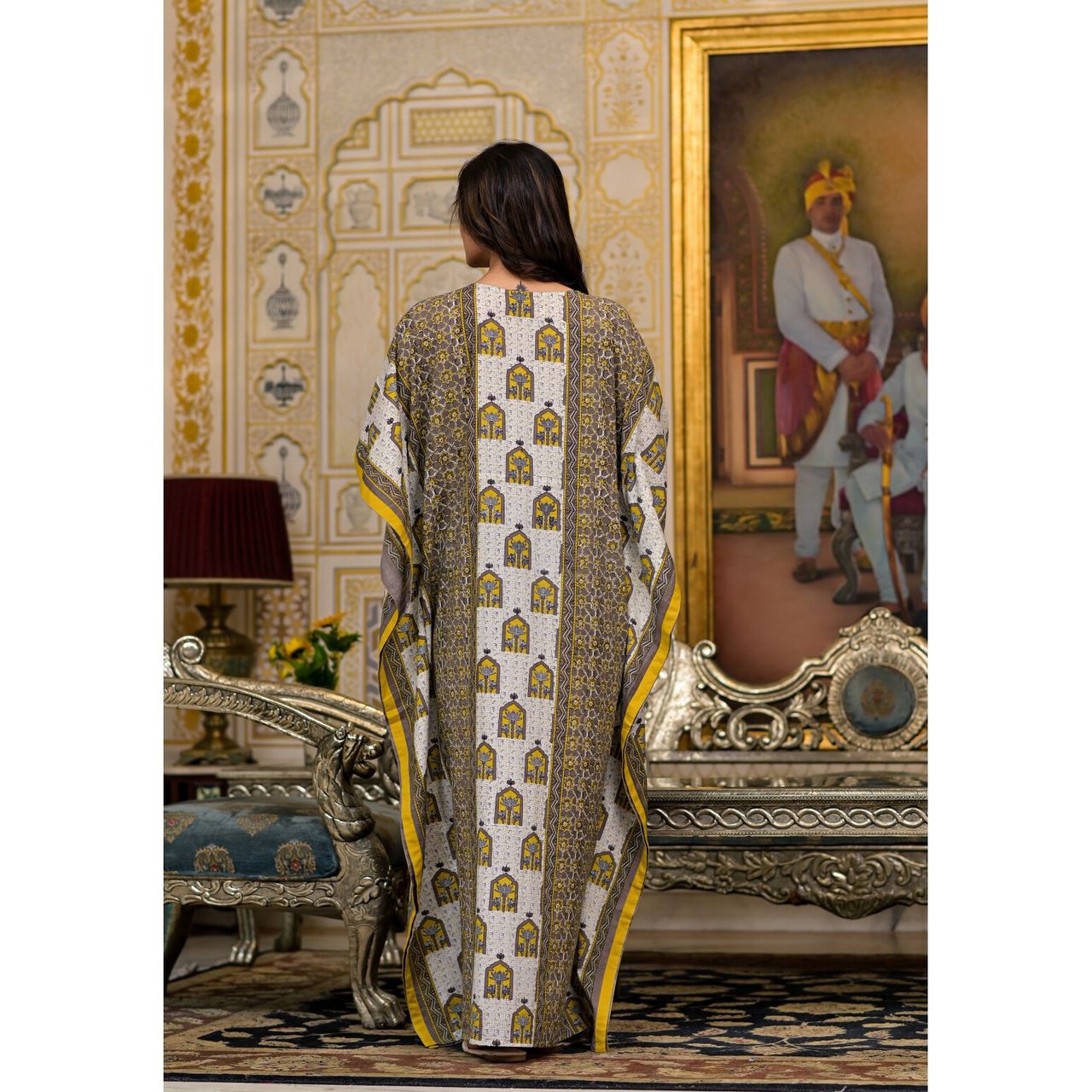 Aujjessa Mustard Taupe Printed Front Zipper Maternity Feeding Kaftan | Free Size