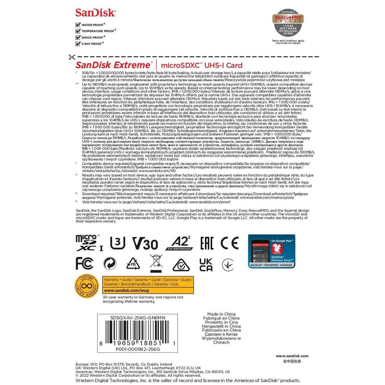 Sandisk Extreme Microsd Uhs I Card 256Gb For 4K Video,190Mb/S Read, 130Mb/S Write