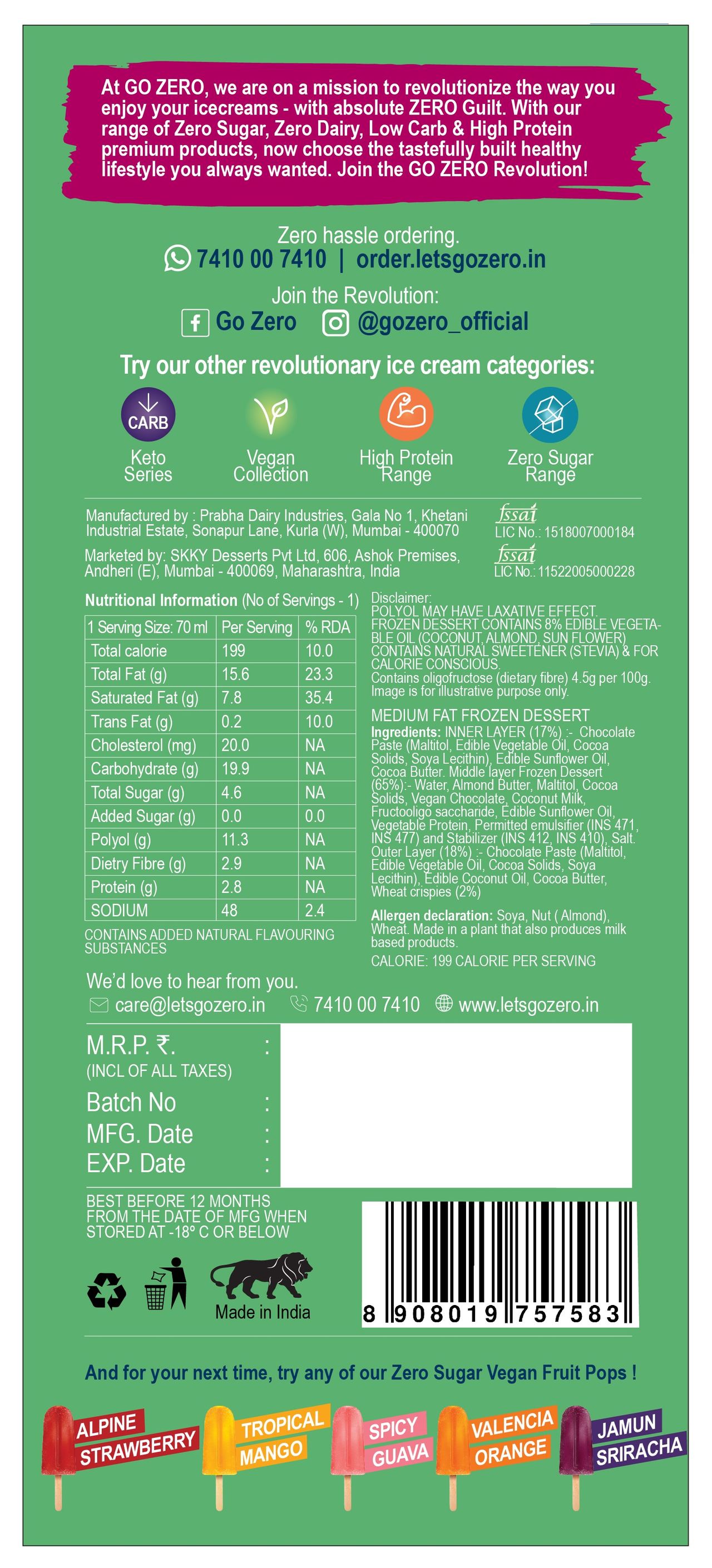 Go Zero - Zero Sugar - Vegan - O.M.G Chocolate Ice Cream Bar