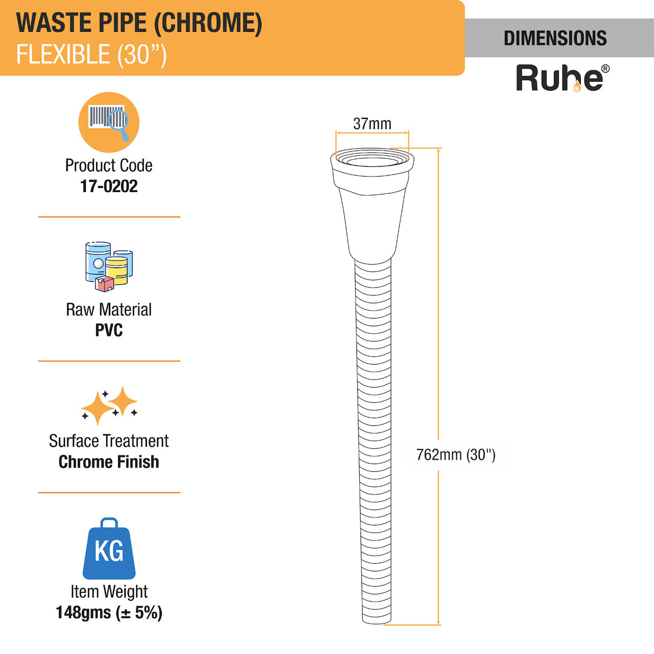 Ruhe PVC Flexible Waste Pipe with Chrome Finish (30 Inches)