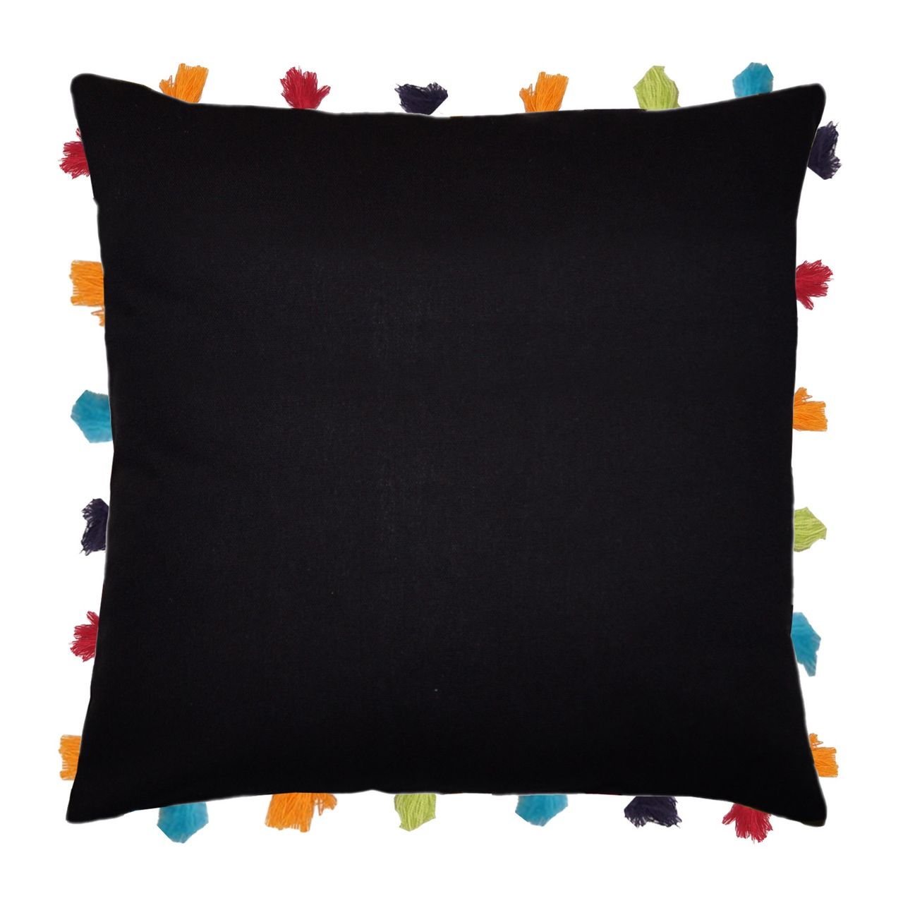 Lushomes Boho Cushion Cover - Black | Tassels & Pom Pom | 18 x 18 inch