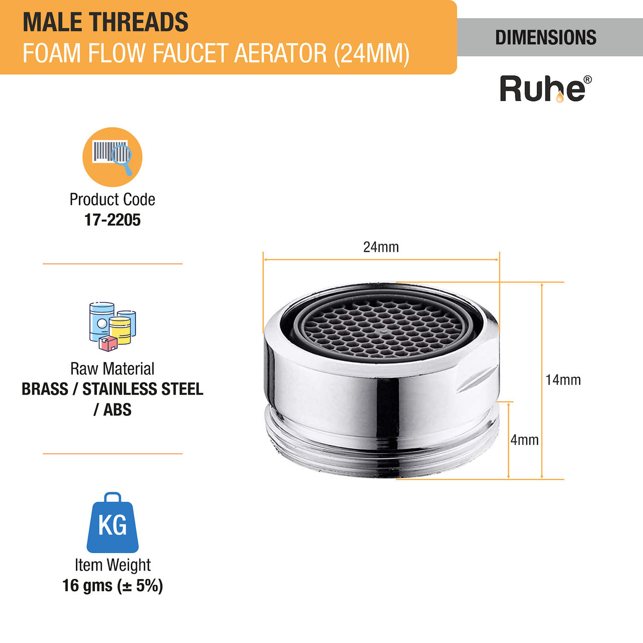 Ruhe Foam Flow Aerator With Brass Permix | Male | Pack Of 4