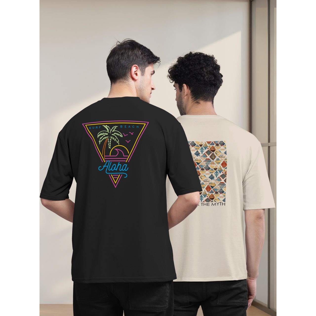 Bullmer Men's Oversized T-shirt Front and Back Printed | Black, Chalk | XL
