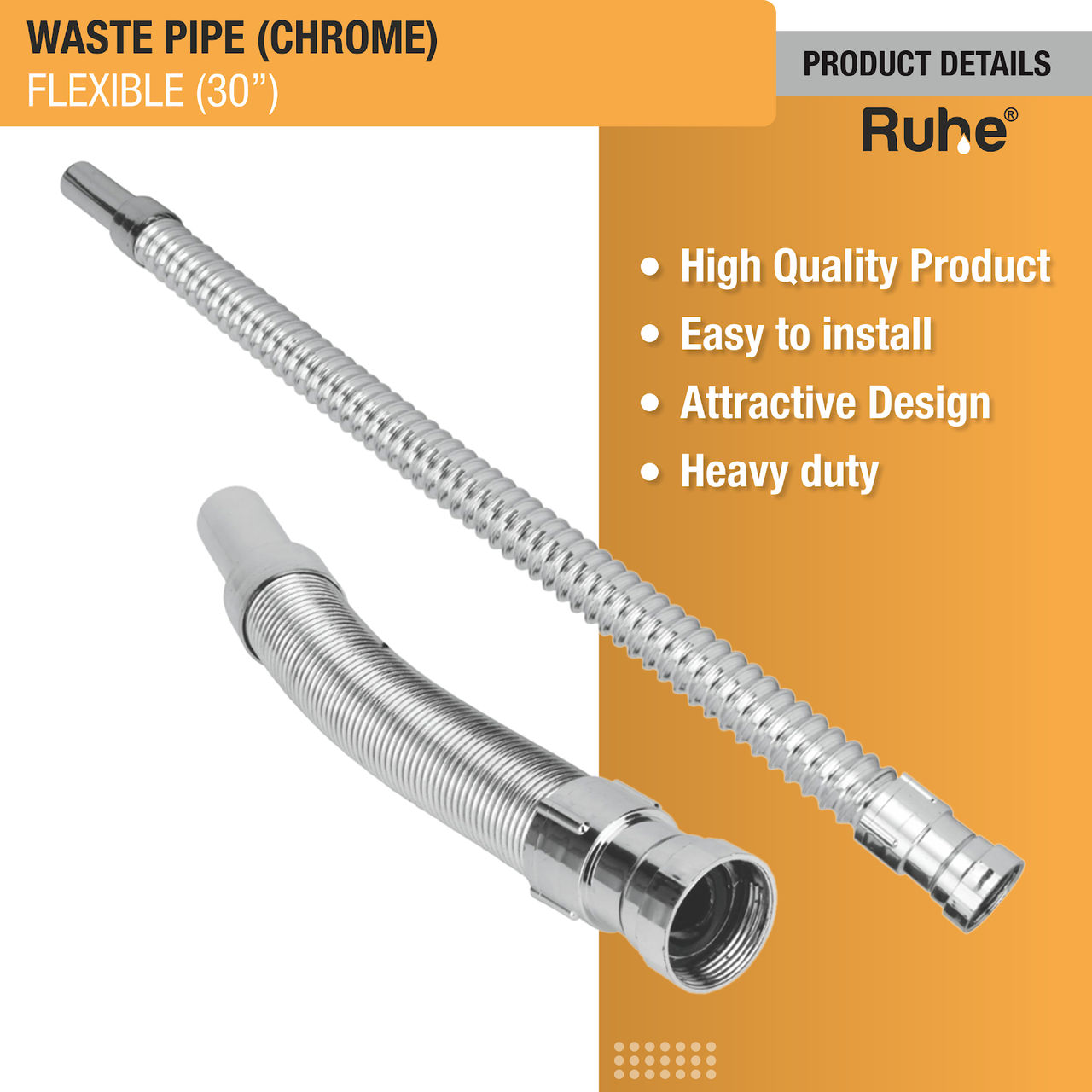 Ruhe PVC Flexible Waste Pipe with Chrome Finish (30 Inches)