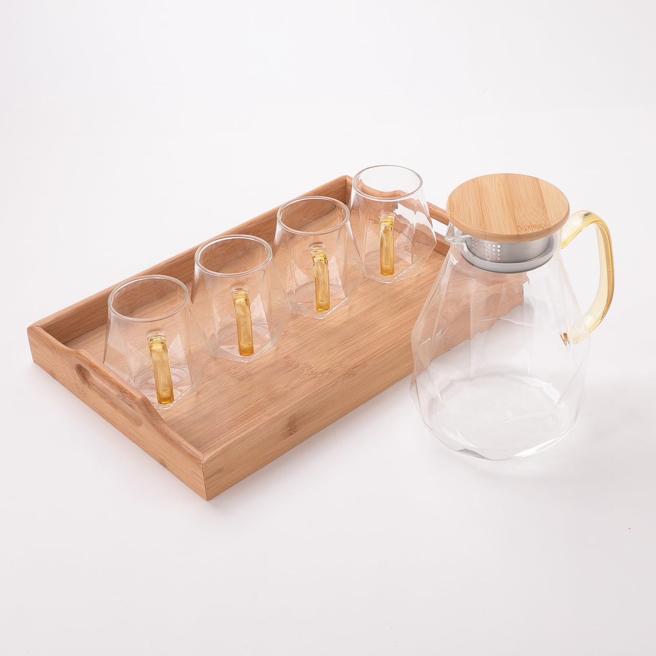 Umai Borosilicate Glass Water Jug With Lid (2000 ml), 4 Cups (340 ml) & Tray | Glass Jug For Water