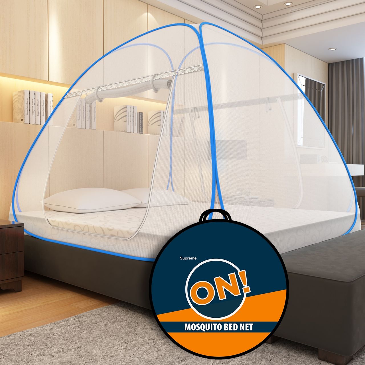Supreme On Foldable Mosquito Net For Double Bed | WHite & Blue - 6.5 x 6.5 ft
