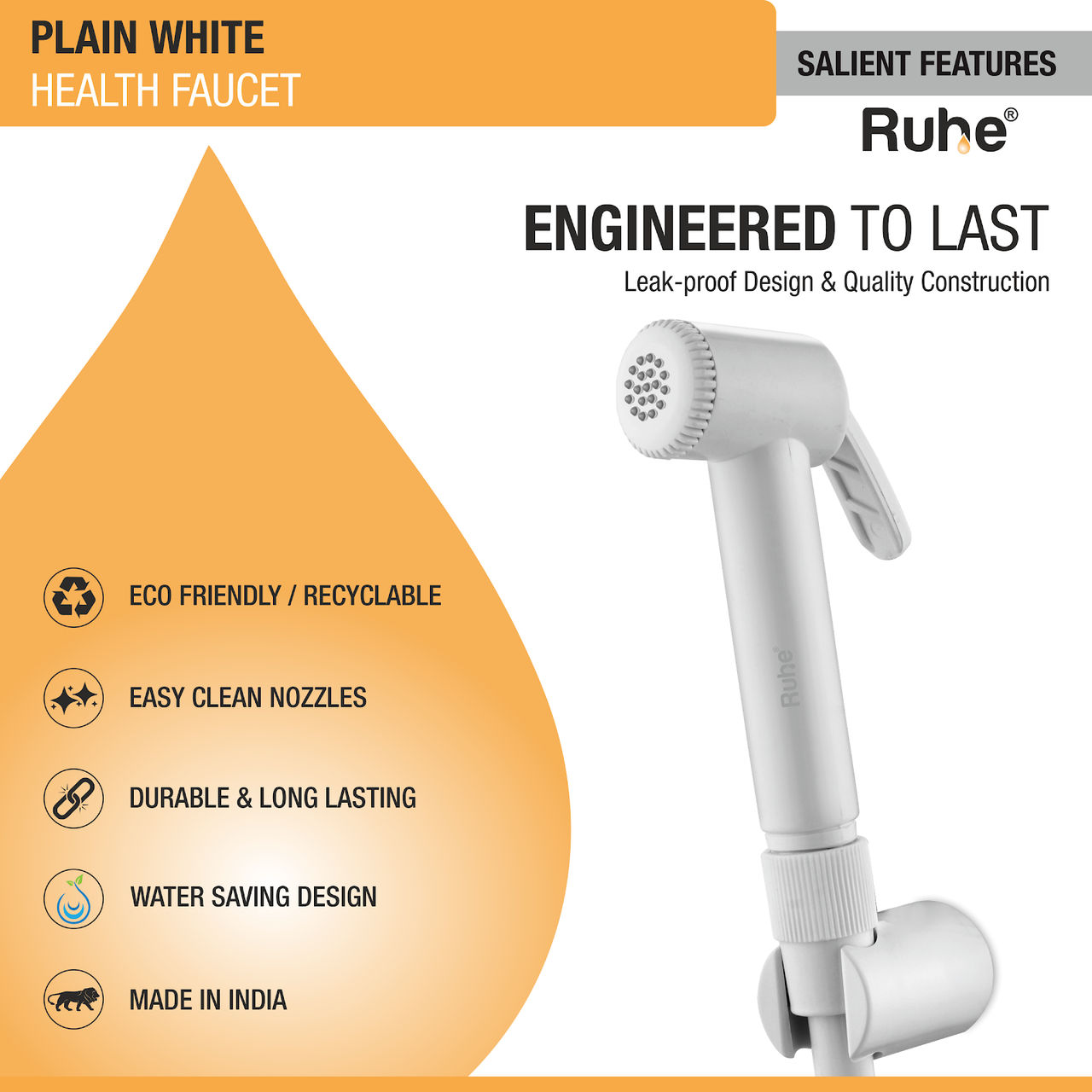 Ruhe Plain White Health Faucet with 1 meter Flexible Hose (ABS) and Hook