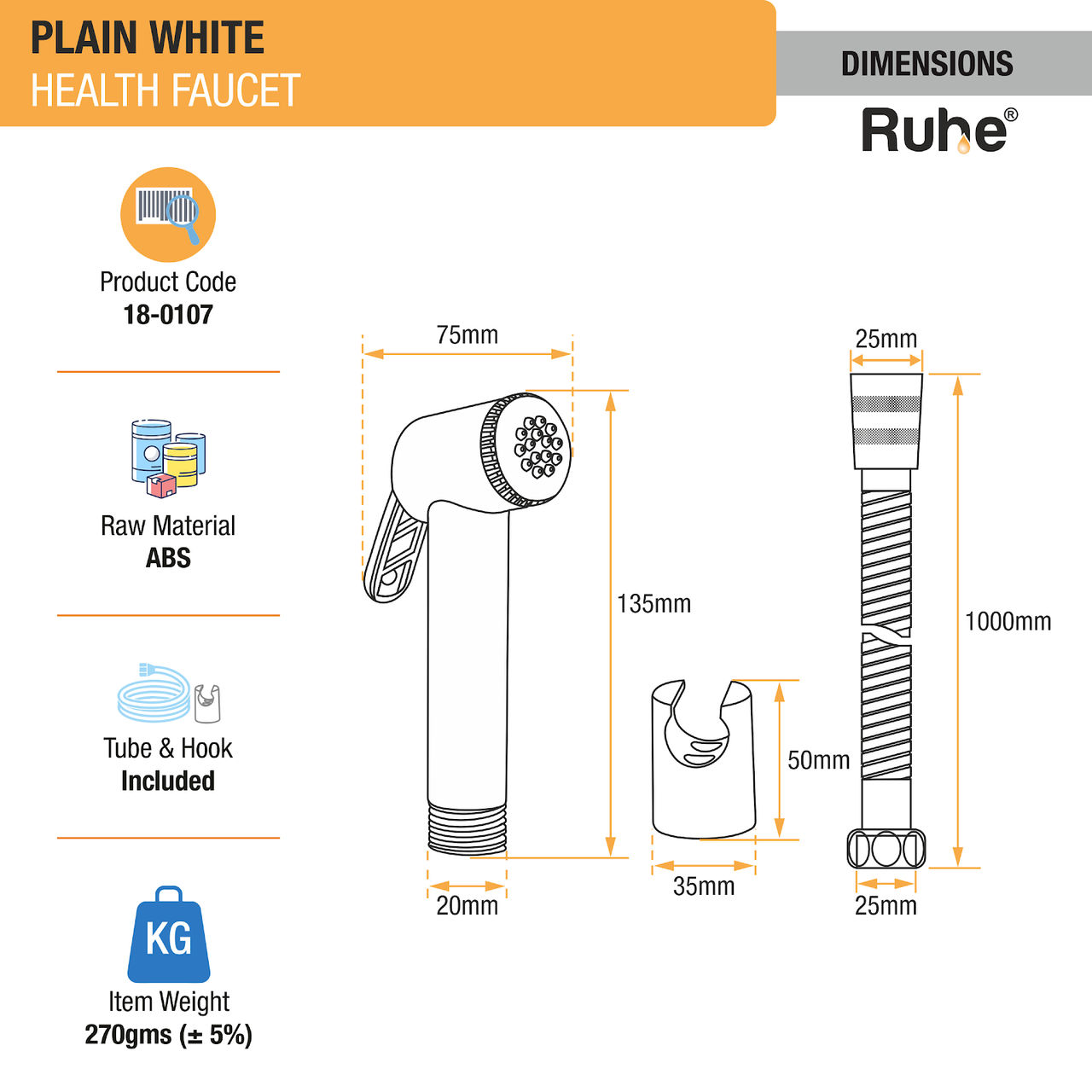 Ruhe Plain White Health Faucet with 1 meter Flexible Hose (ABS) and Hook