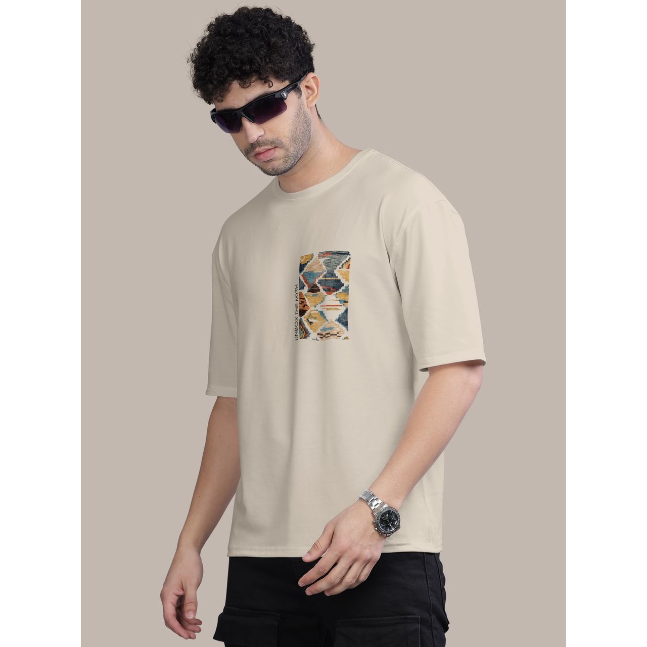 Bullmer Men's Oversized T-shirt Front and Back Printed | Black, Chalk | XL