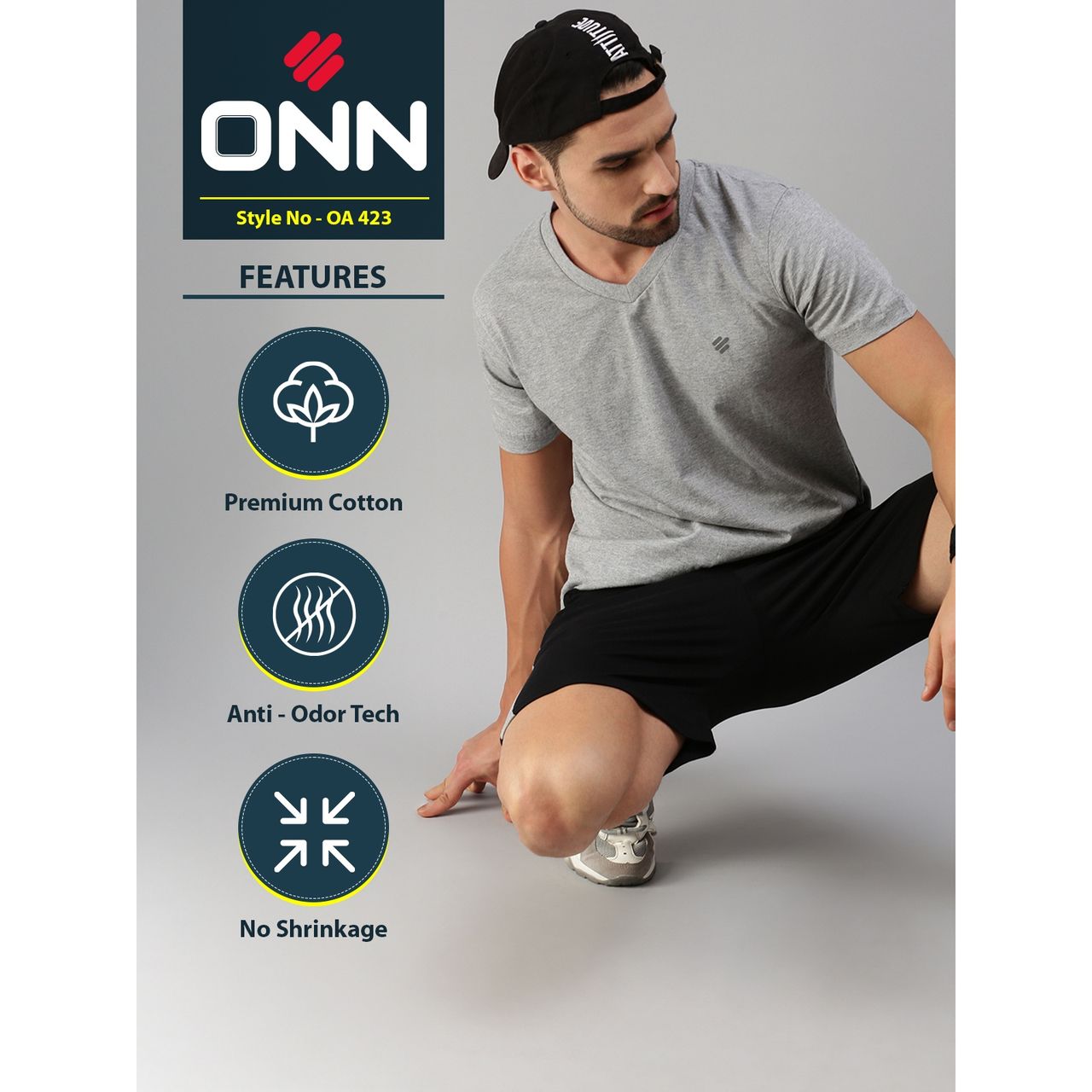 ONN Premium Men's Solid Pure Cotton V Neck T-shirts | Grey Melange | Size - M