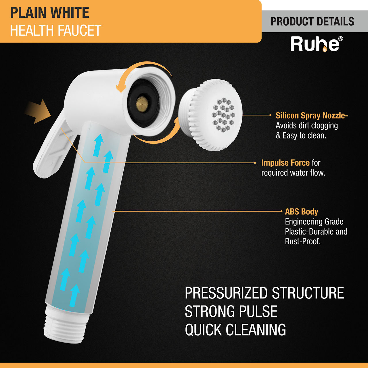 Ruhe Plain White Health Faucet with 1 meter Flexible Hose (ABS) and Hook
