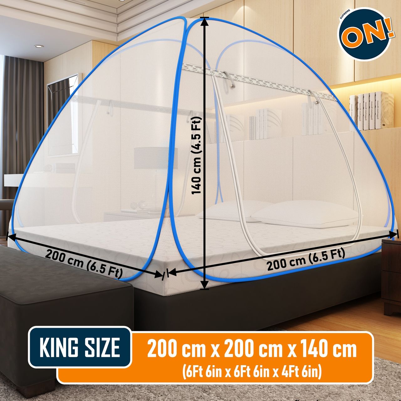 Supreme On Foldable Mosquito Net For Double Bed | WHite & Blue - 6.5 x 6.5 ft