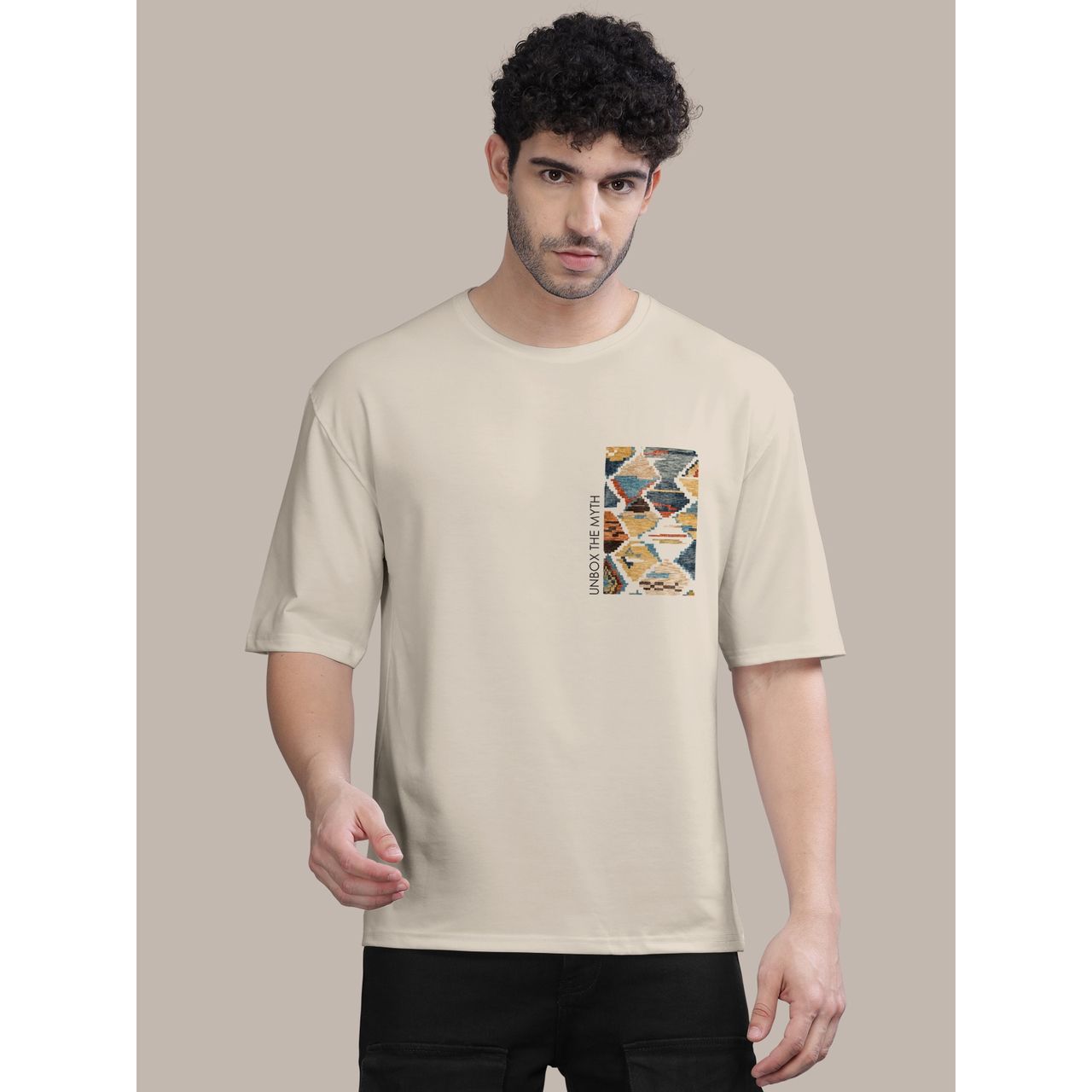 Bullmer Men's Oversized T-shirt Front and Back Printed | Black, Chalk | XL