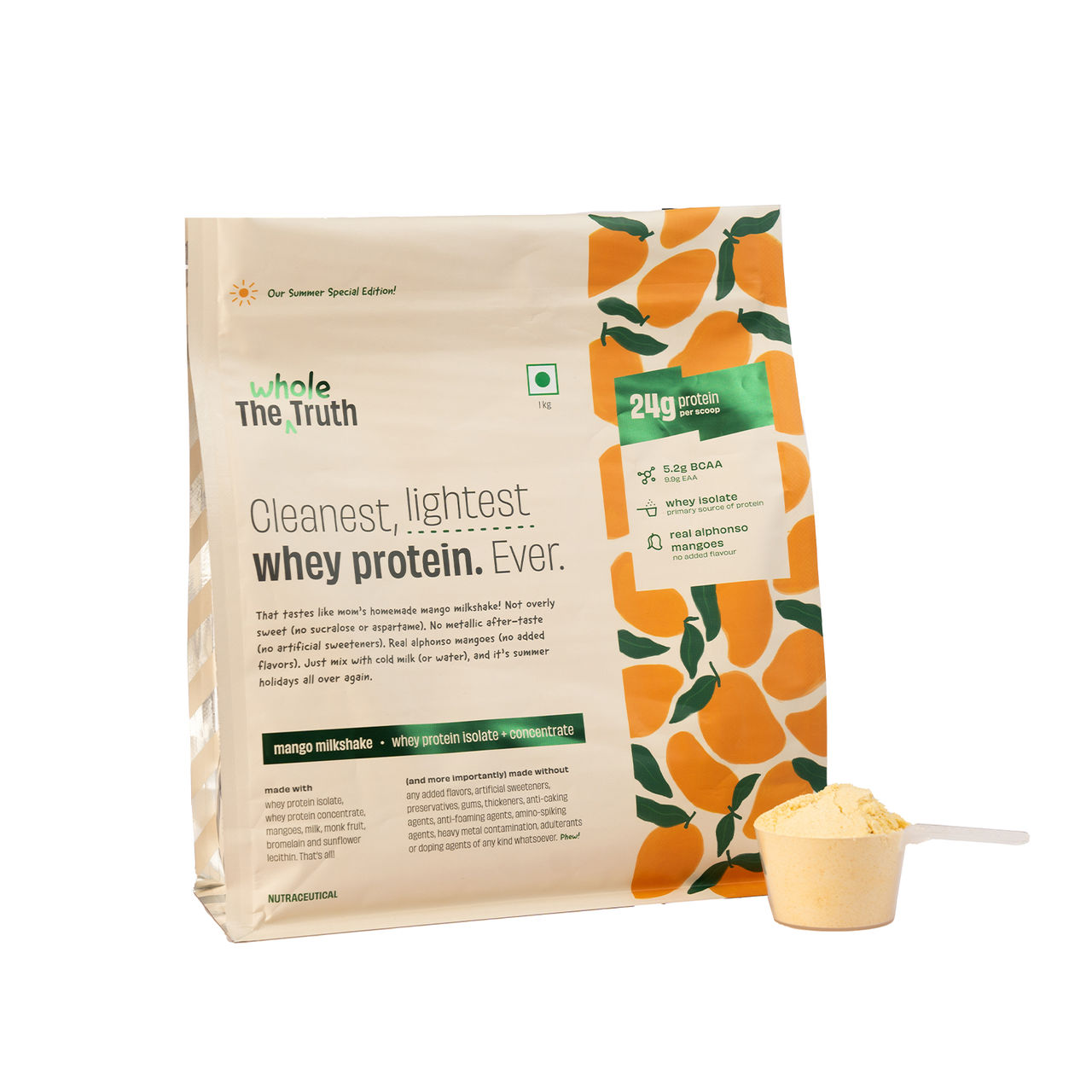 The Whole Truth Whey Protein Isolate+Concentrate Mango Milkshake I 24g Protein